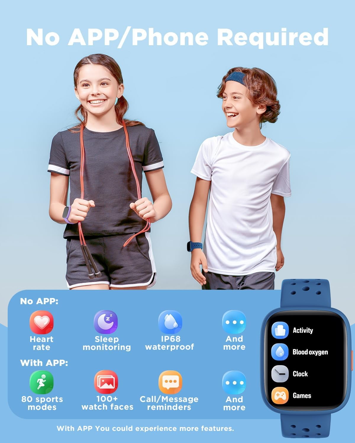 BIGGERFIVE Smart Watch for Kids No APP No Phone Needed, 1.8" Fitness Tracker Watch Pedometer, Sleep Monitor, IP68 Waterproof, Step Counter, Puzzle Games for Girls Boys Teens 5-16, Blue - Image 4
