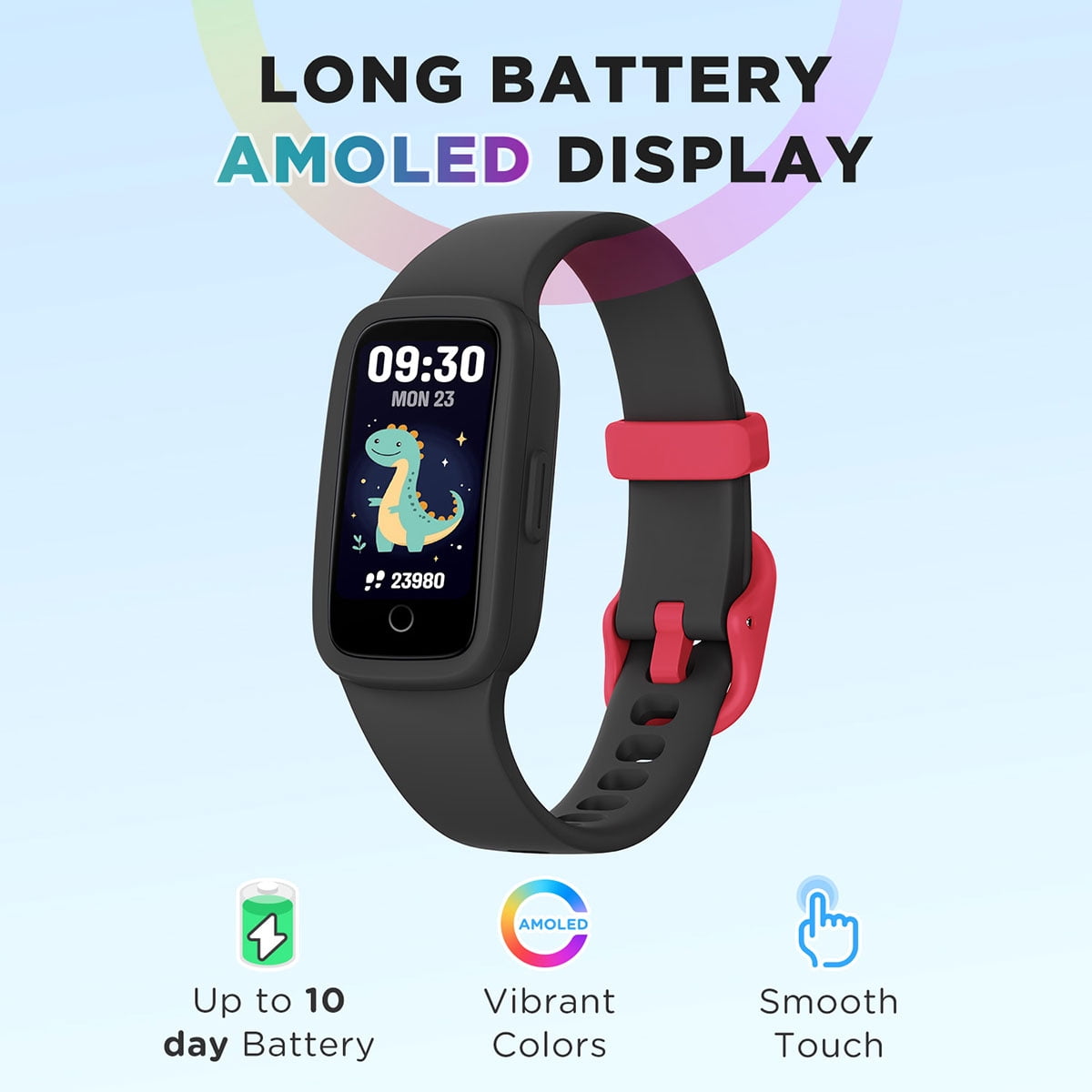 BIGGERFIVE Vigor 3 Kids Fitness Tracker Watch, AMOLED Screen, No App No Phone Needed, 3ATM Waterproof, Heart Rate and Sleep Monitor, Pedometer Watch, Sports Step Counter for Girls Ages 5-15, Black - Image 3