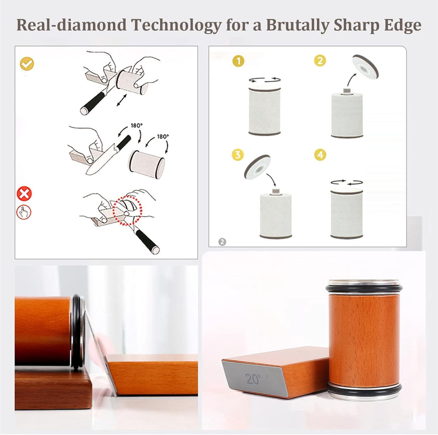 Bladeon Knife Sharpener, Rolling Knife Sharpener with Diamond & Ceramic Abrasives and 15/20° Magnetic Angle Guide for Kitchen, Chef & Outdoor Knives