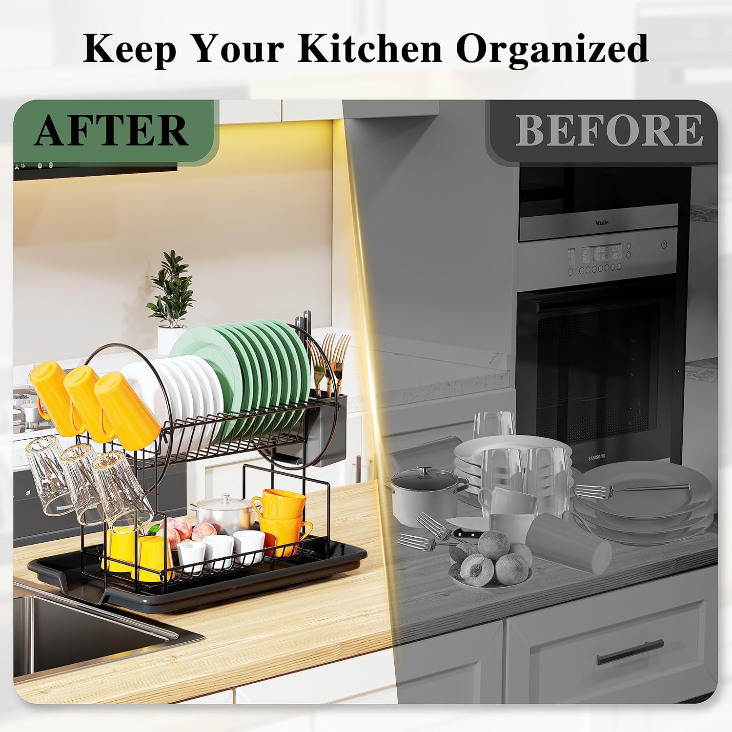 BN-LINK Dish Drying Rack - 2 Tier Dish Racks for Kitchen Counter with Drainboard, Utensil & Wine Glass Holder, Multifunctional Dish Drainer for Kitchen Organization, Black - Image 2