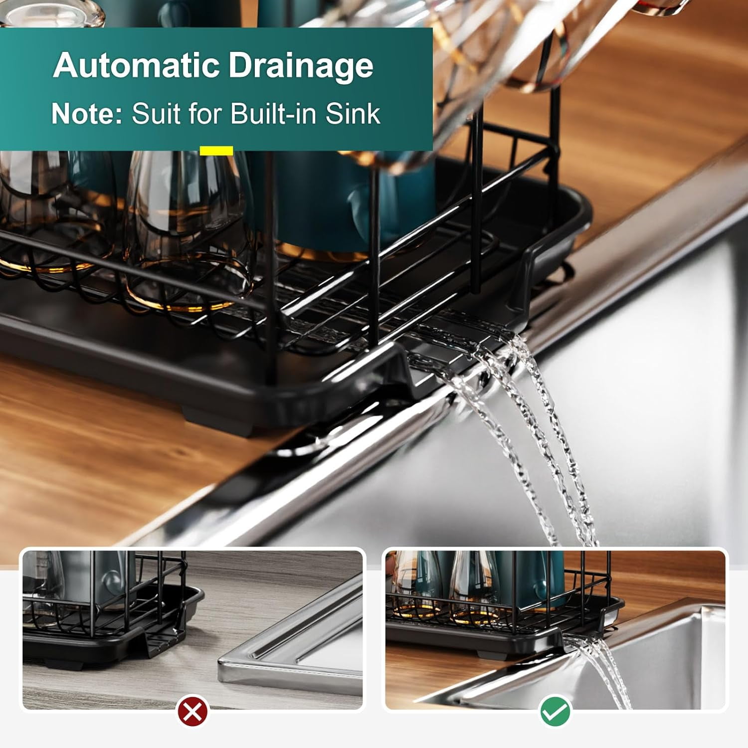 BN-LINK Dish Drying Rack - 2 Tier Dish Racks for Kitchen Counter with Drainboard, Utensil & Wine Glass Holder, Multifunctional Dish Drainer for Kitchen Organization, Black - Image 3