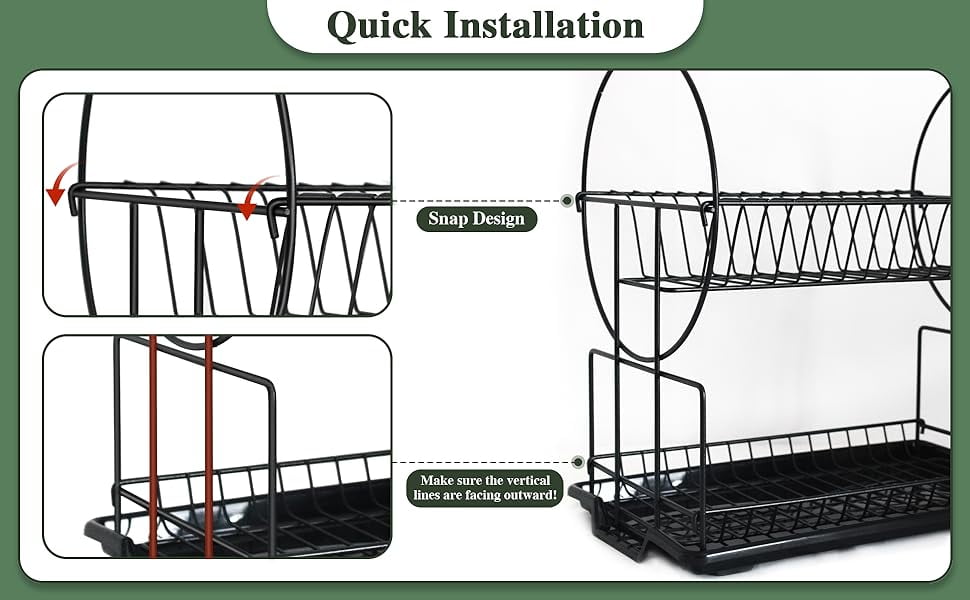 BN-LINK Dish Drying Rack - 2 Tier Dish Racks for Kitchen Counter with Drainboard, Utensil & Wine Glass Holder, Multifunctional Dish Drainer for Kitchen Organization, Black - Image 5
