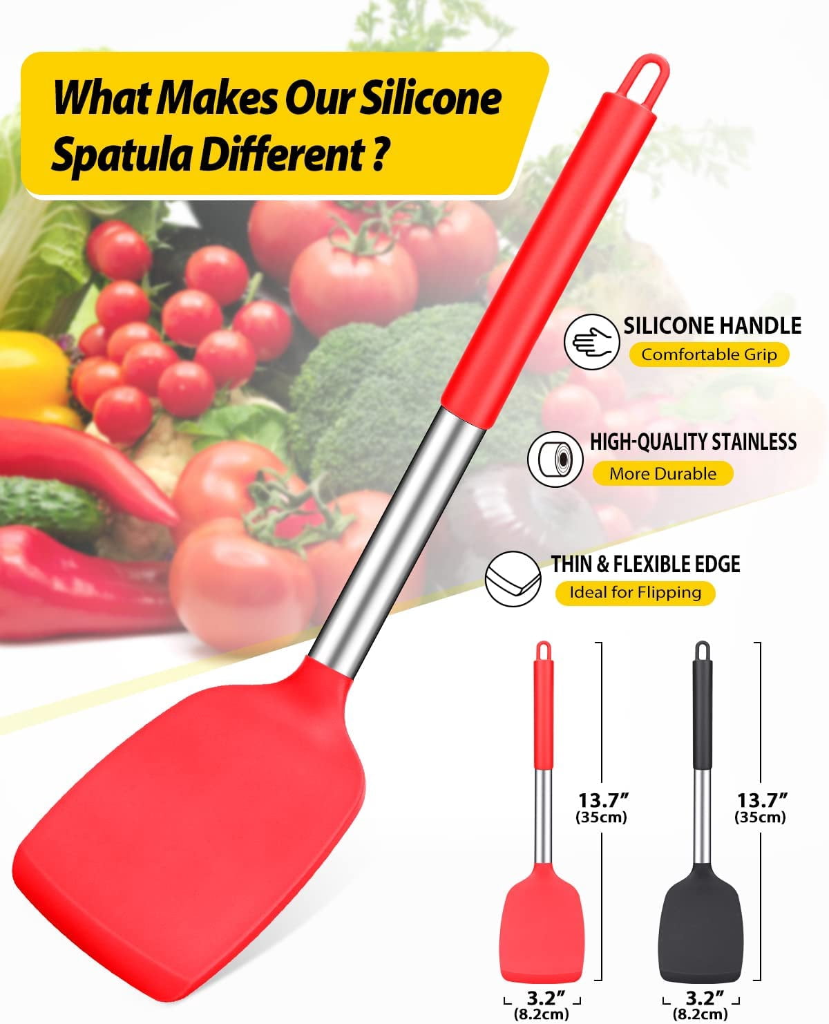 Bundlepro 2 Pack Silicone Solid Spatula Turner Set,Kitchen Cookware for Fish,Egg,Meat, Black + Red - Image 4