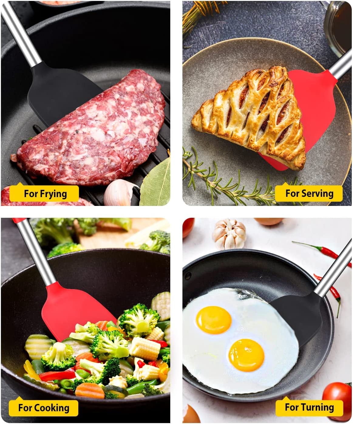 Bundlepro 2 Pack Silicone Solid Spatula Turner Set,Kitchen Cookware for Fish,Egg,Meat, Black + Red - Image 3
