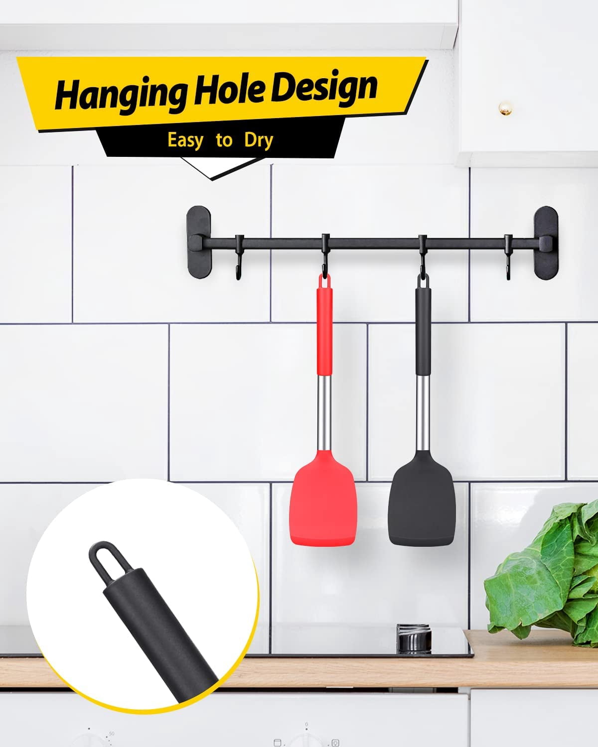 Bundlepro 2 Pack Silicone Solid Spatula Turner Set,Kitchen Cookware for Fish,Egg,Meat, Black + Red - Image 5