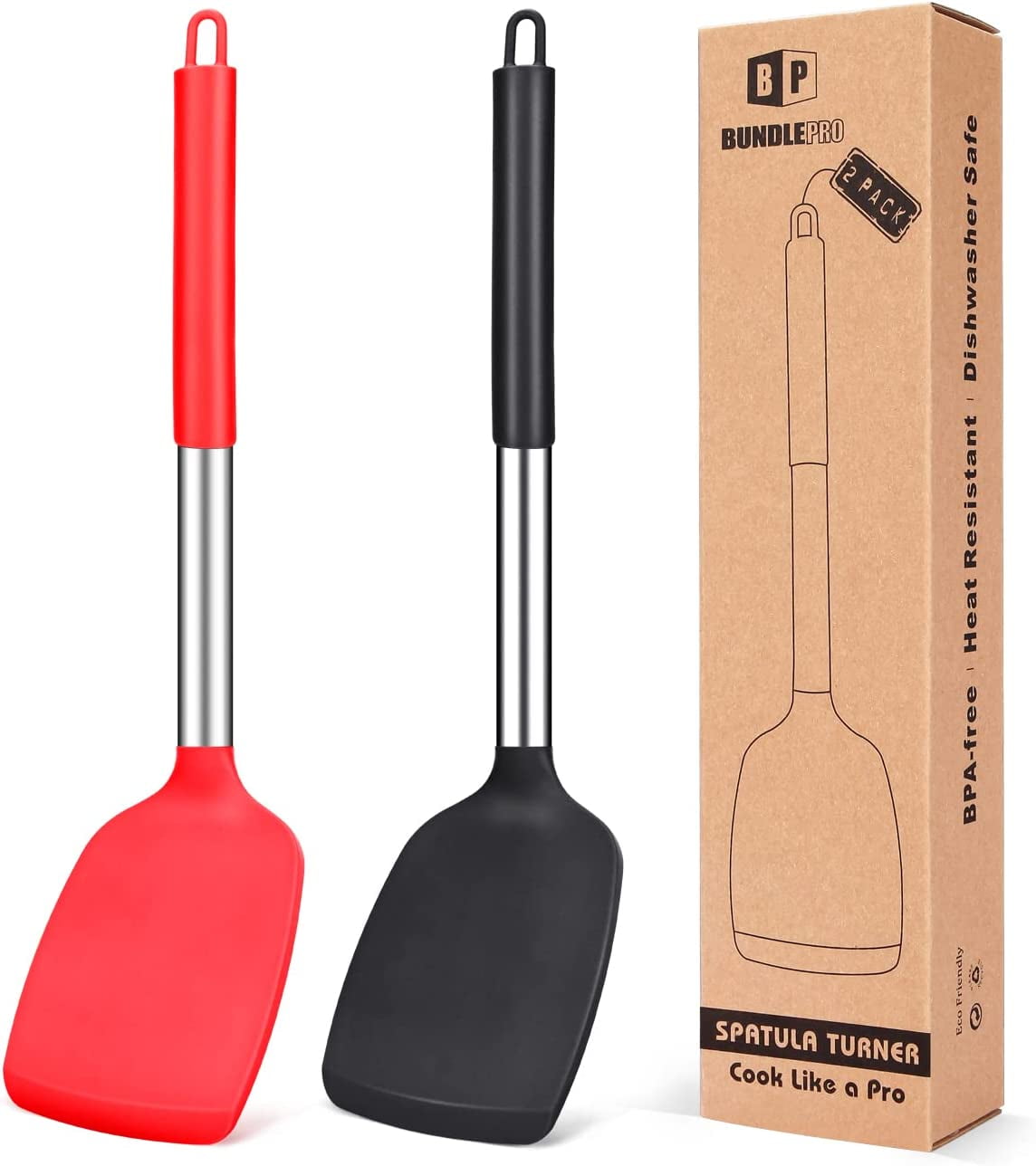 Bundlepro 2 Pack Silicone Solid Spatula Turner Set,Kitchen Cookware for Fish,Egg,Meat, Black + Red