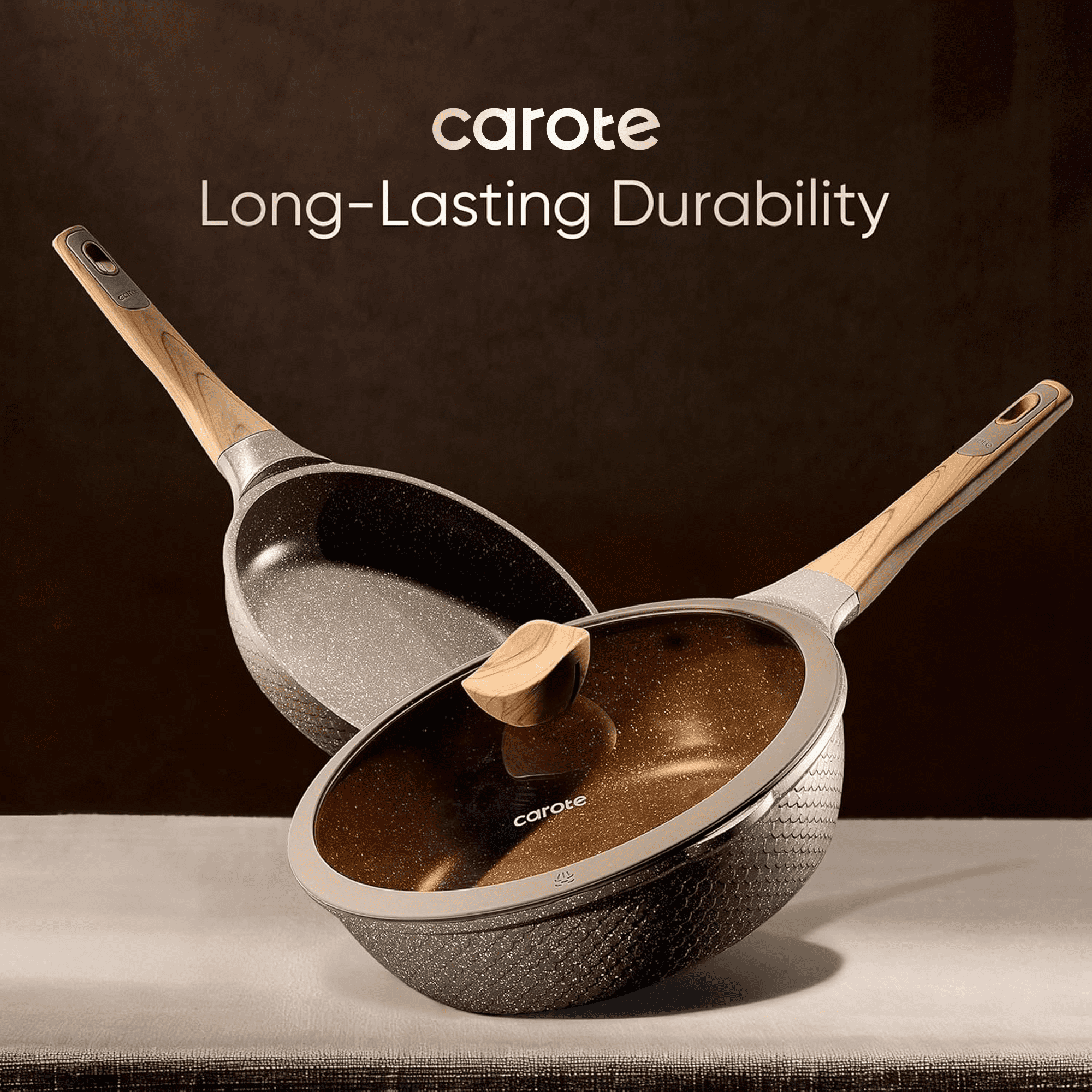 Carote 18-Piece Nonstick Pots and Pans, Granite Cookware Set with Kitchen Utensils, Brown - Image 3