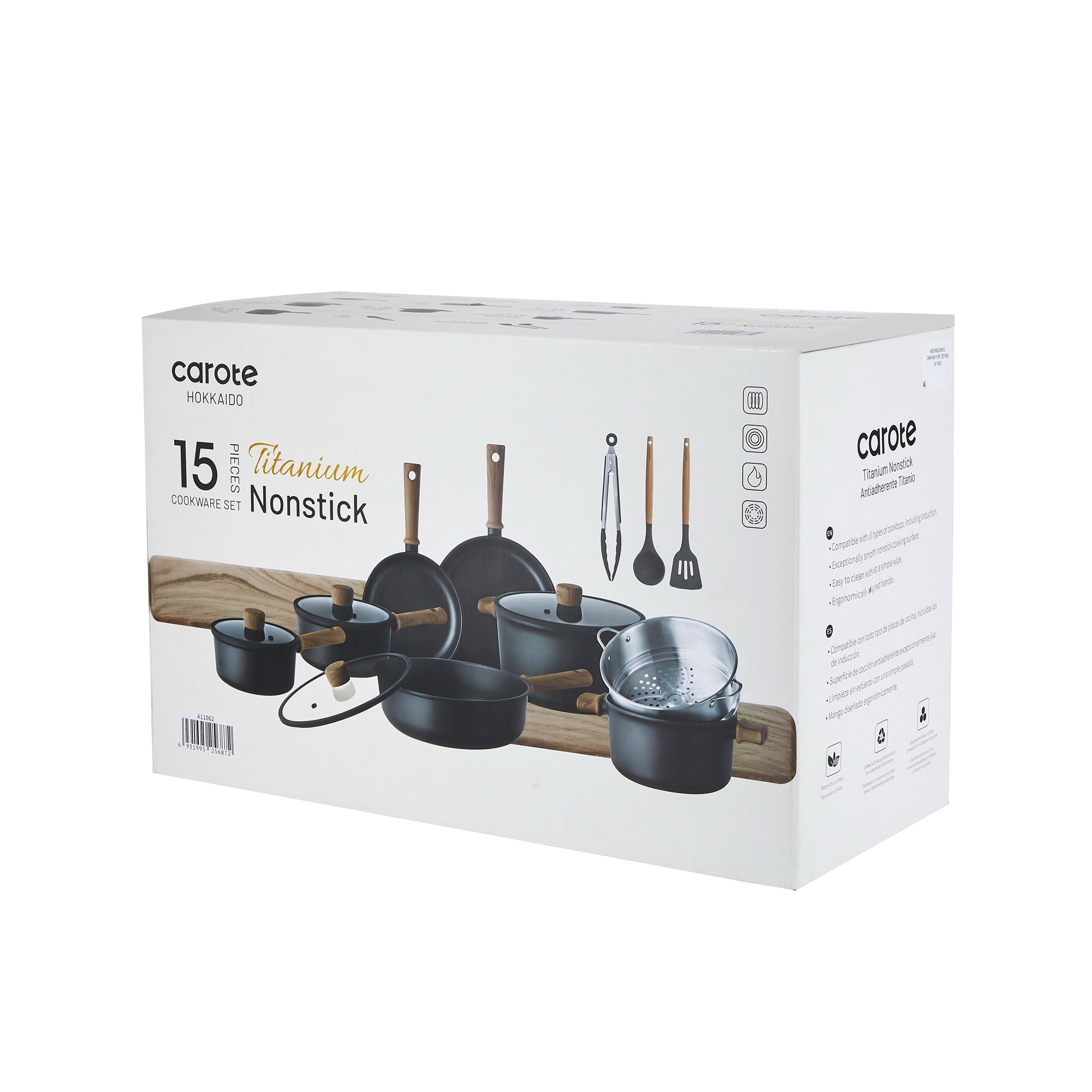 Carote Titanium Nonstick Pots and Pans Set, 15 Pieces Kitchen Cookware Set with Silicone Tools, All Stoves Compatible, Dishwasher Safe, Black - Image 4