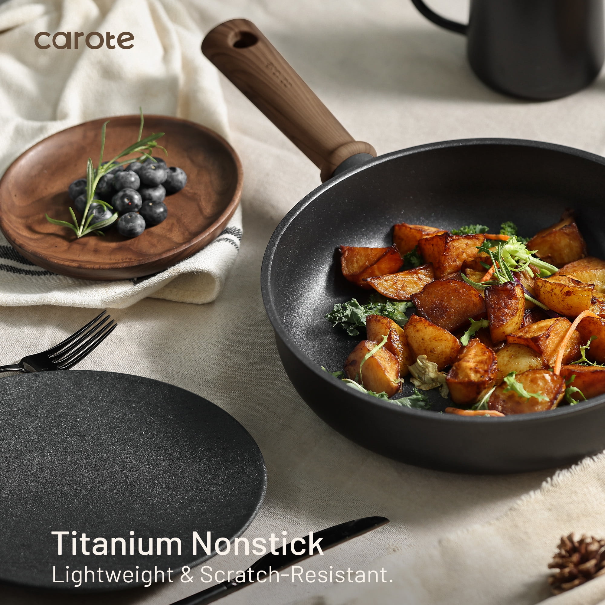 Carote Titanium Nonstick Pots and Pans Set, 15 Pieces Kitchen Cookware Set with Silicone Tools, All Stoves Compatible, Dishwasher Safe, Black - Image 2