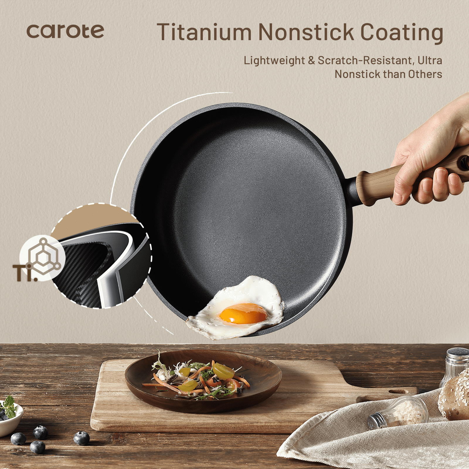 Carote Titanium Nonstick Pots and Pans Set, 15 Pieces Kitchen Cookware Set with Silicone Tools, All Stoves Compatible, Dishwasher Safe, Black - Image 3