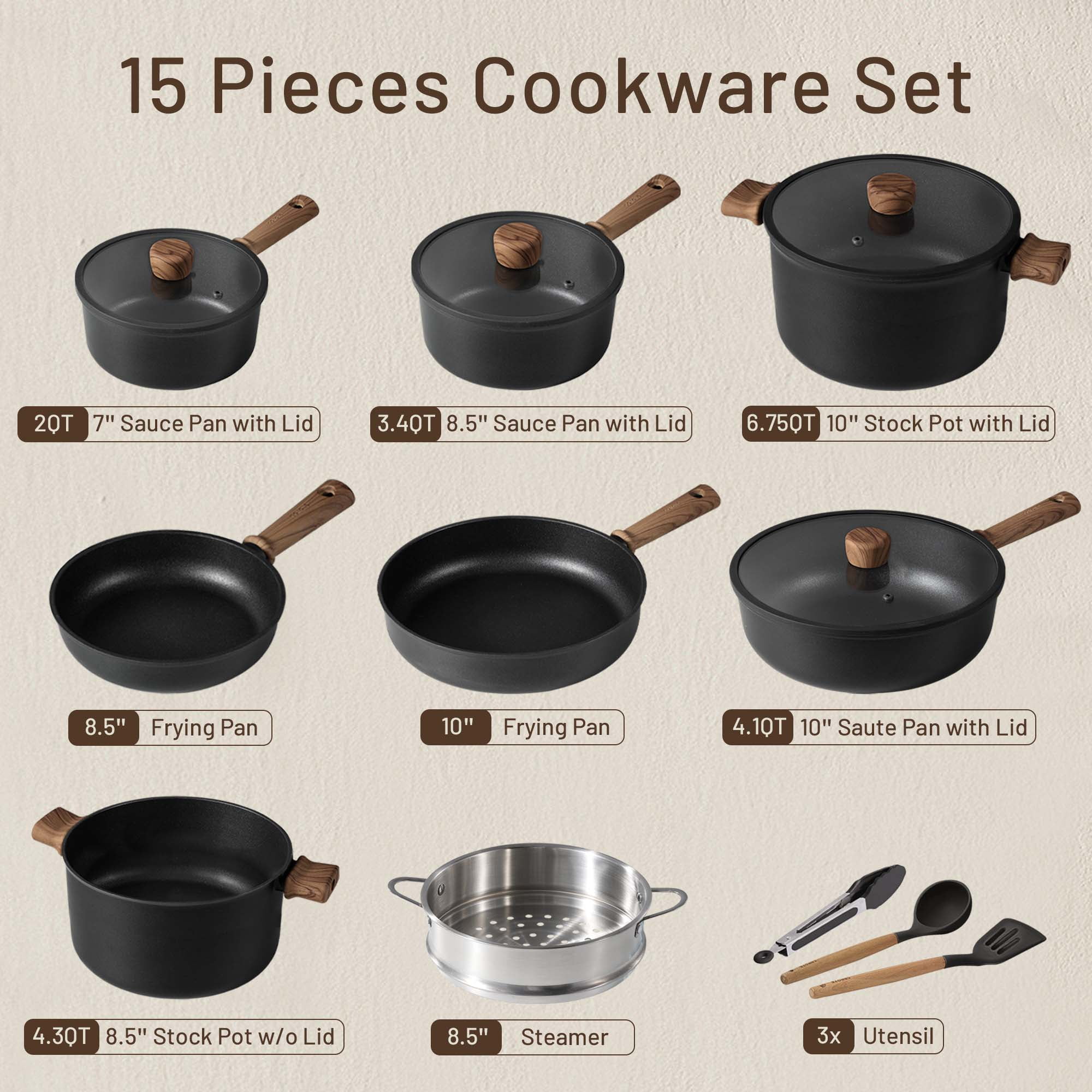 Carote Titanium Nonstick Pots and Pans Set, 15 Pieces Kitchen Cookware Set with Silicone Tools, All Stoves Compatible, Dishwasher Safe, Black - Image 5