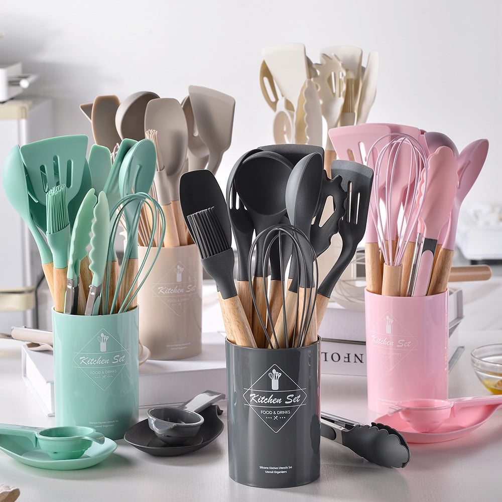 COFEST Kitchen Utensils & Gadgets,Wooden Handle Silicone Kitchenware Set 12 Piece Round Barrel Set Non Stick Pot Cooking Spoon Kitchen Tools Pink A - Image 4