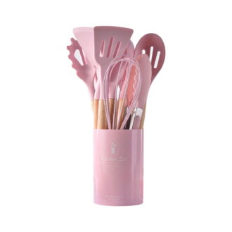 COFEST Kitchen Utensils & Gadgets,Wooden Handle Silicone Kitchenware Set 12 Piece Round Barrel Set Non Stick Pot Cooking Spoon Kitchen Tools Pink A