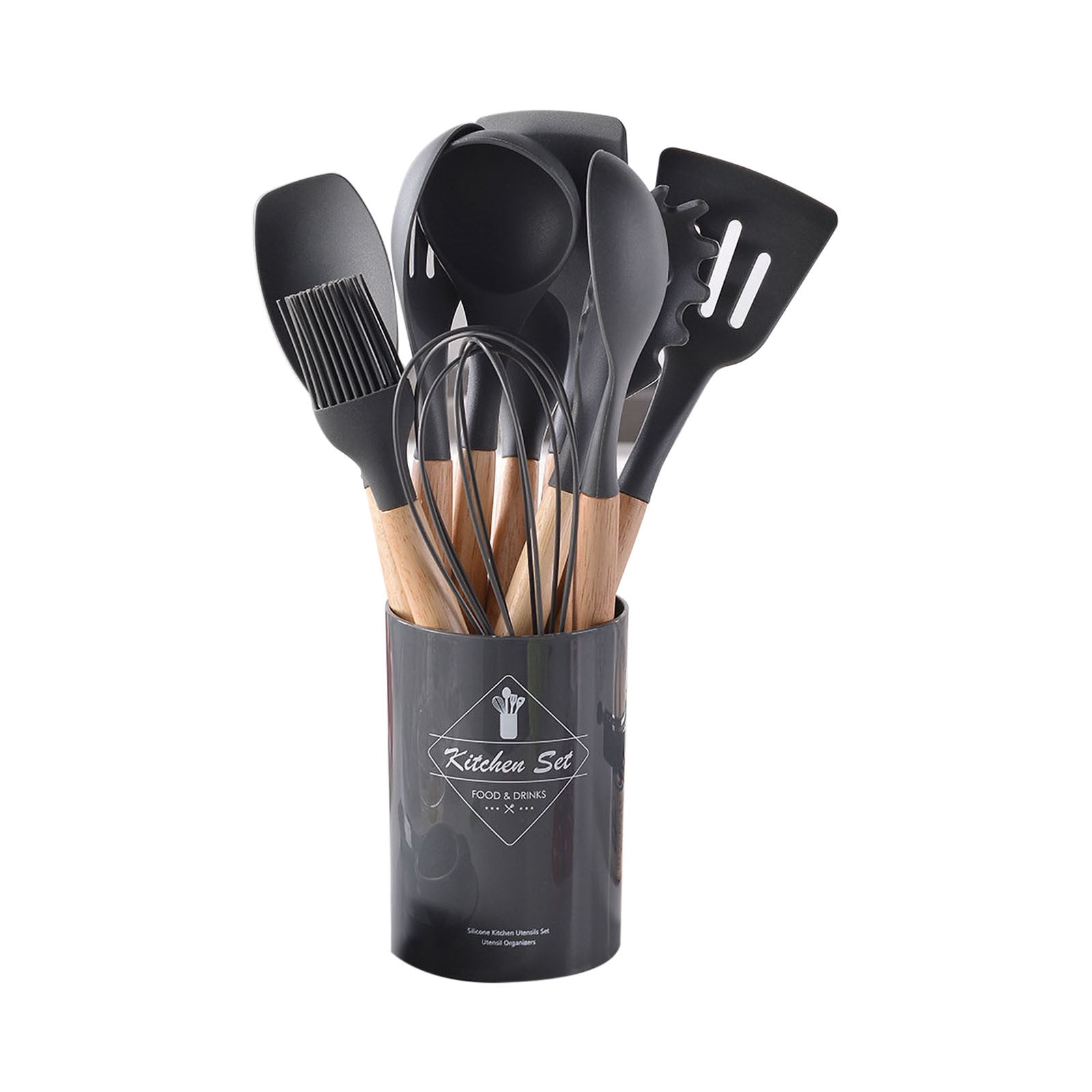 COFEST Kitchen Utensils & Gadgets,Wooden Handle Silicone Kitchenware Set 12 Piece Round Barrel Set Non Stick Pot Cooking Spoon Kitchen Tools Pink A - Image 5