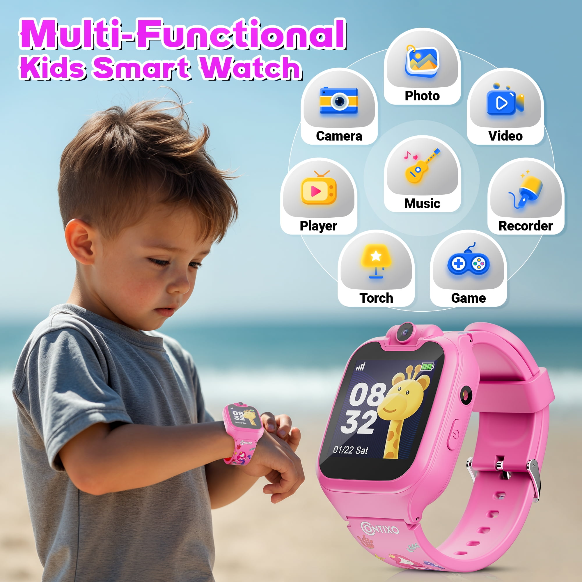 Contixo Kids Smart Watch with 1.54” HD Touch Screen, Kids Watch with 16 Educational Games and Rotating Camera, Pink - Image 2