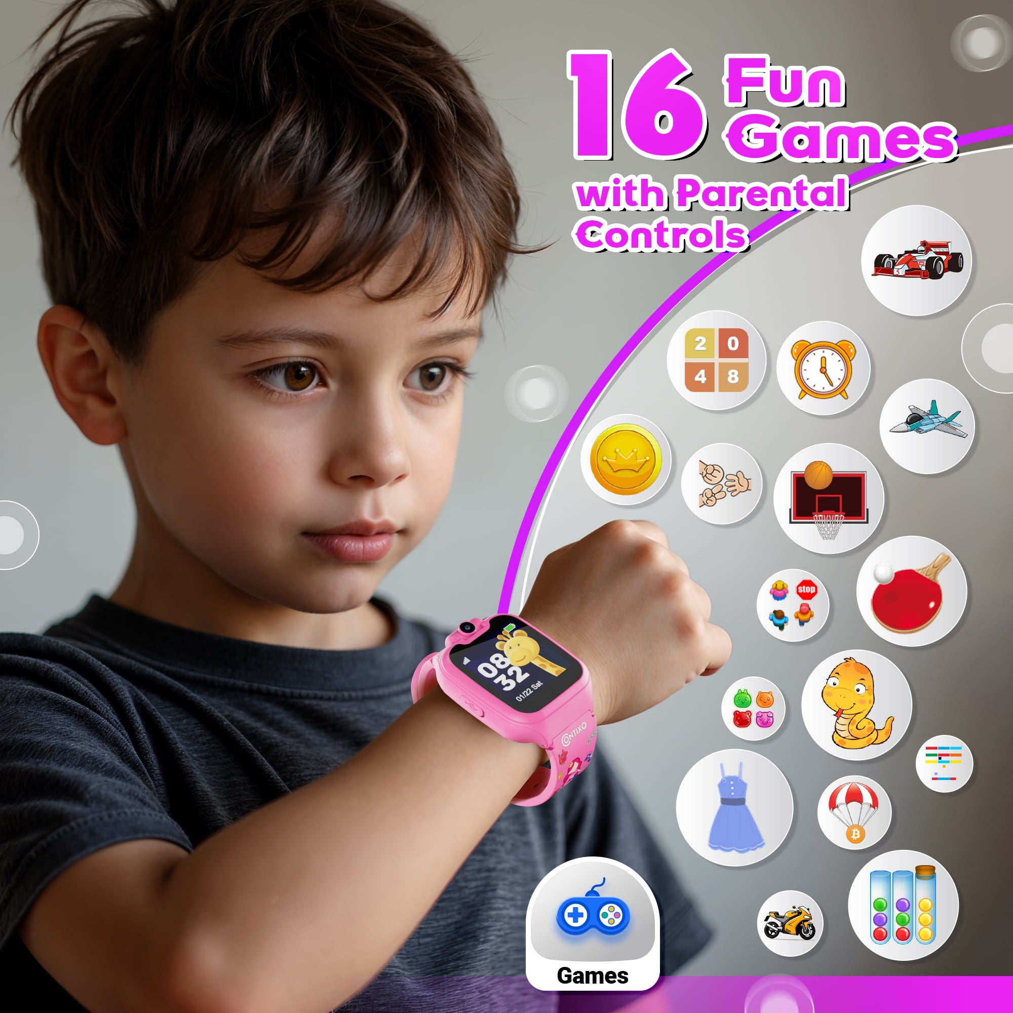 Contixo Kids Smart Watch with 1.54” HD Touch Screen, Kids Watch with 16 Educational Games and Rotating Camera, Pink - Image 4