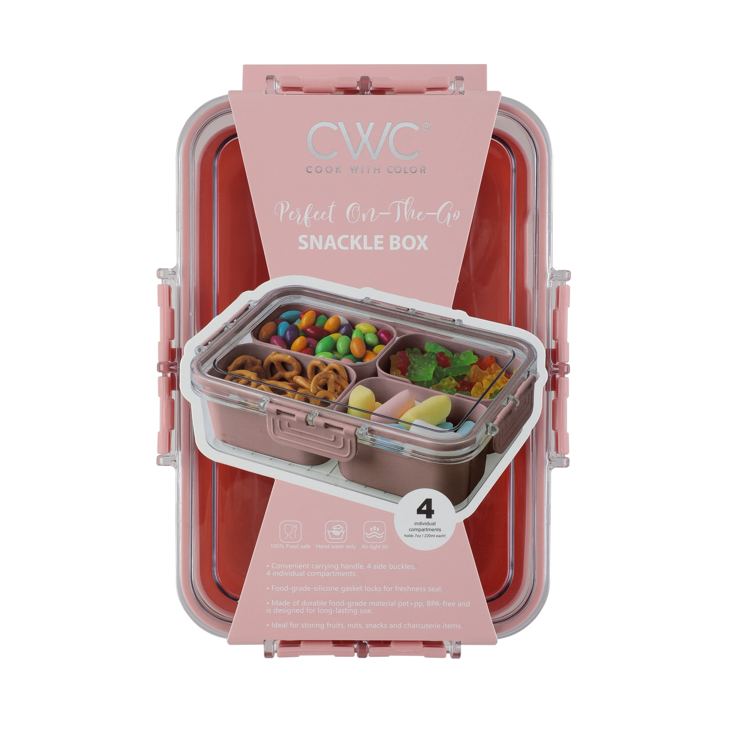 Cook with Color 4-Compartment Mini Snack Box Food Storage Carrier, Charcuterie Container, Portable and Dishwasher Safe, Pink - Image 2
