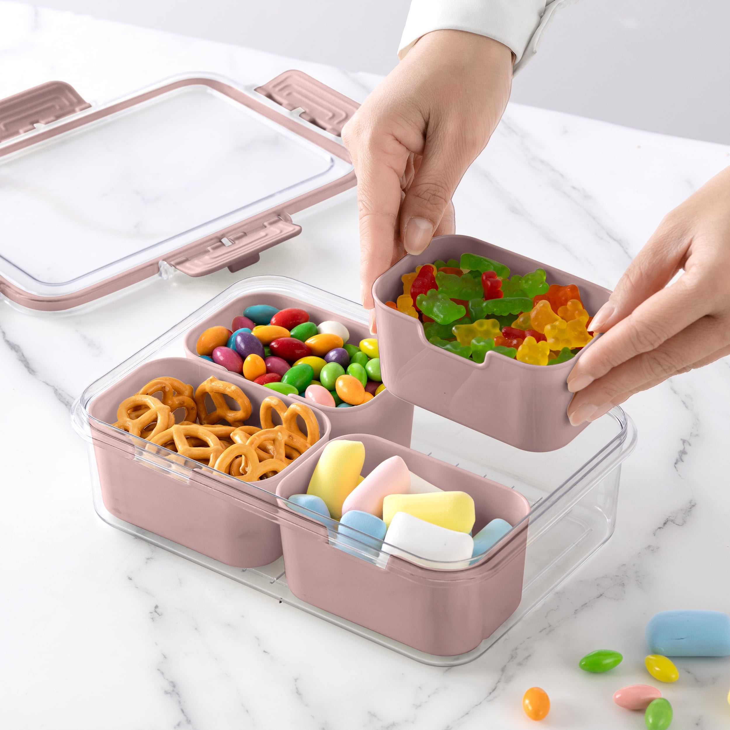 Cook with Color 4-Compartment Mini Snack Box Food Storage Carrier, Charcuterie Container, Portable and Dishwasher Safe, Pink - Image 3