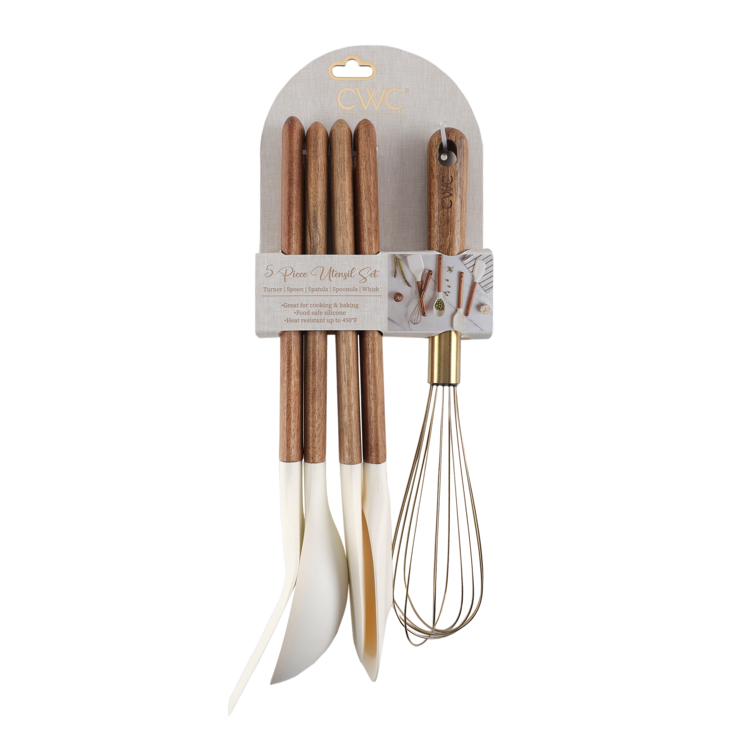 Cook with Color 5-Piece Wooden Cooking Utensils Set with Silicone Heads, Stylish & Durable Kitchen Tools - Image 3