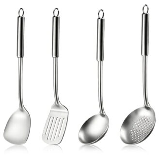 Cooking Utensils Sets, 4pcs Stainless Steel Kitchen Utensils Kitchen Gadgets Tools Set Include Wok Ladle, Slotted Spoon, Wok Spatula and Slotted Spatula