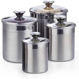 Cooks Standard Classic Stainless Steel Food Jar Storage Canister Set Medium, Airtight Containers with Glass Lid for Tea Coffee Sugar Flour Pantry Kitchen Counter, 4-Piece