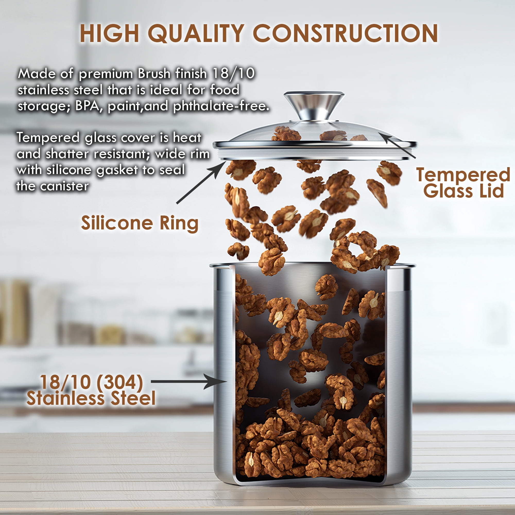 Cooks Standard Classic Stainless Steel Food Jar Storage Canister Set Medium, Airtight Containers with Glass Lid for Tea Coffee Sugar Flour Pantry Kitchen Counter, 4-Piece - Image 2