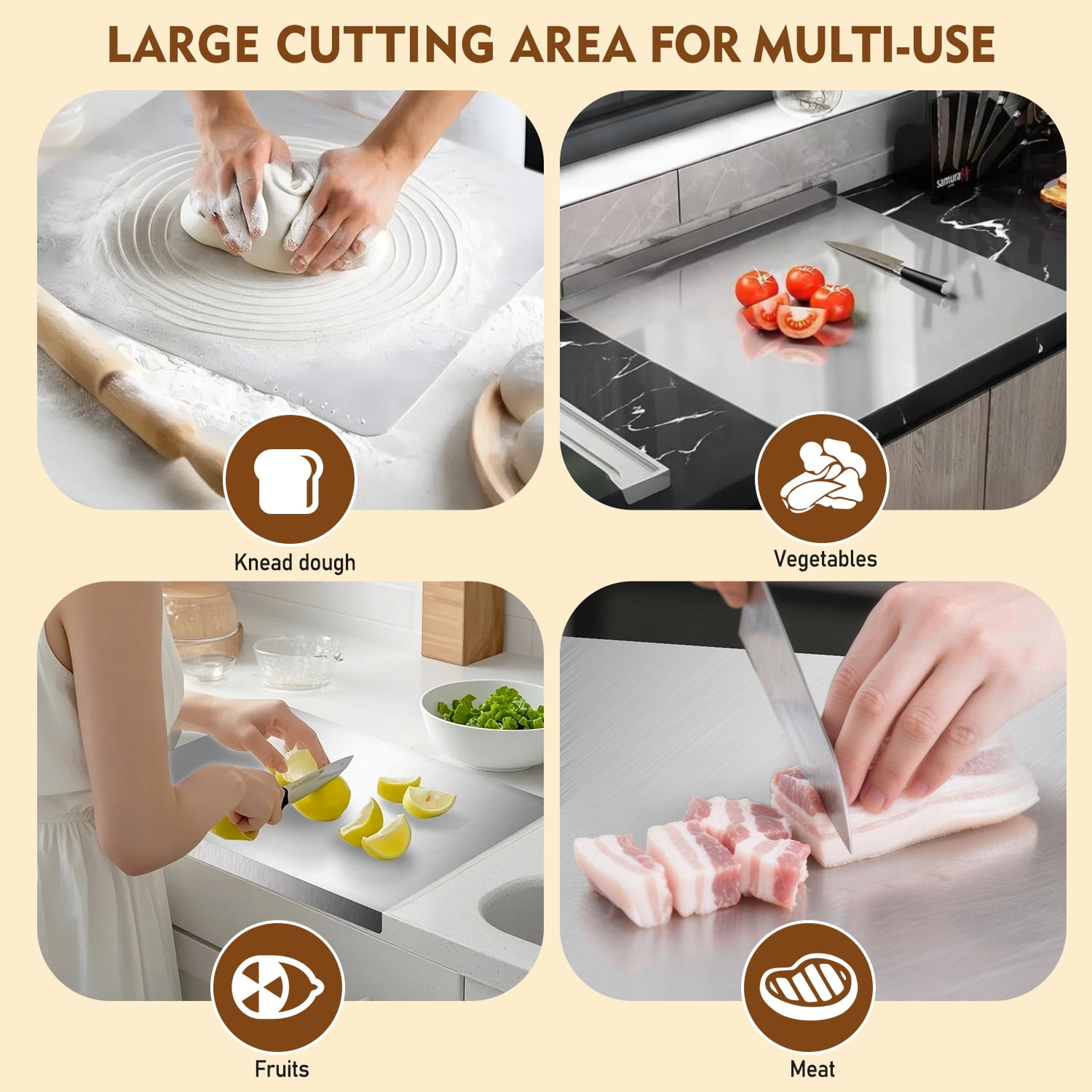 Cutting Boards for Kitchen, AOKIWO Large Stainless Steel Baking Boards with scraper, Suitable for Bread, Meat, Vegetables, (19.7 x 15.7 in) - Image 4