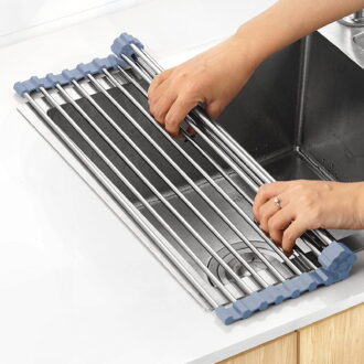 Dihmpor Over The Sink Dish Drying Rack, Roll Up Dish Drying Rack Kitchen Dish Rack Stainless Steel Sink Drying Rack, Foldable Dish Drainer, Gray