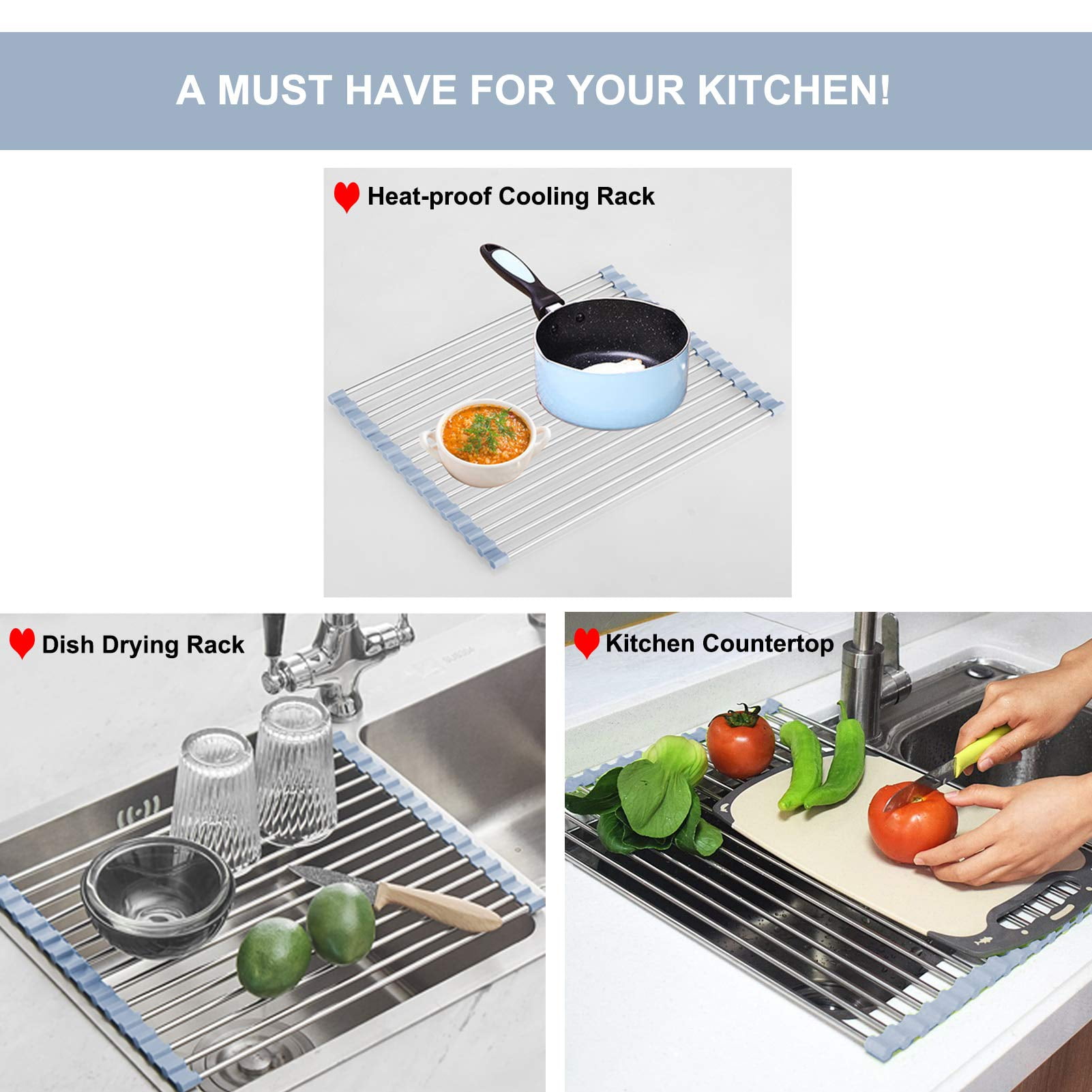 Dihmpor Over The Sink Dish Drying Rack, Roll Up Dish Drying Rack Kitchen Dish Rack Stainless Steel Sink Drying Rack, Foldable Dish Drainer, Gray - Image 2