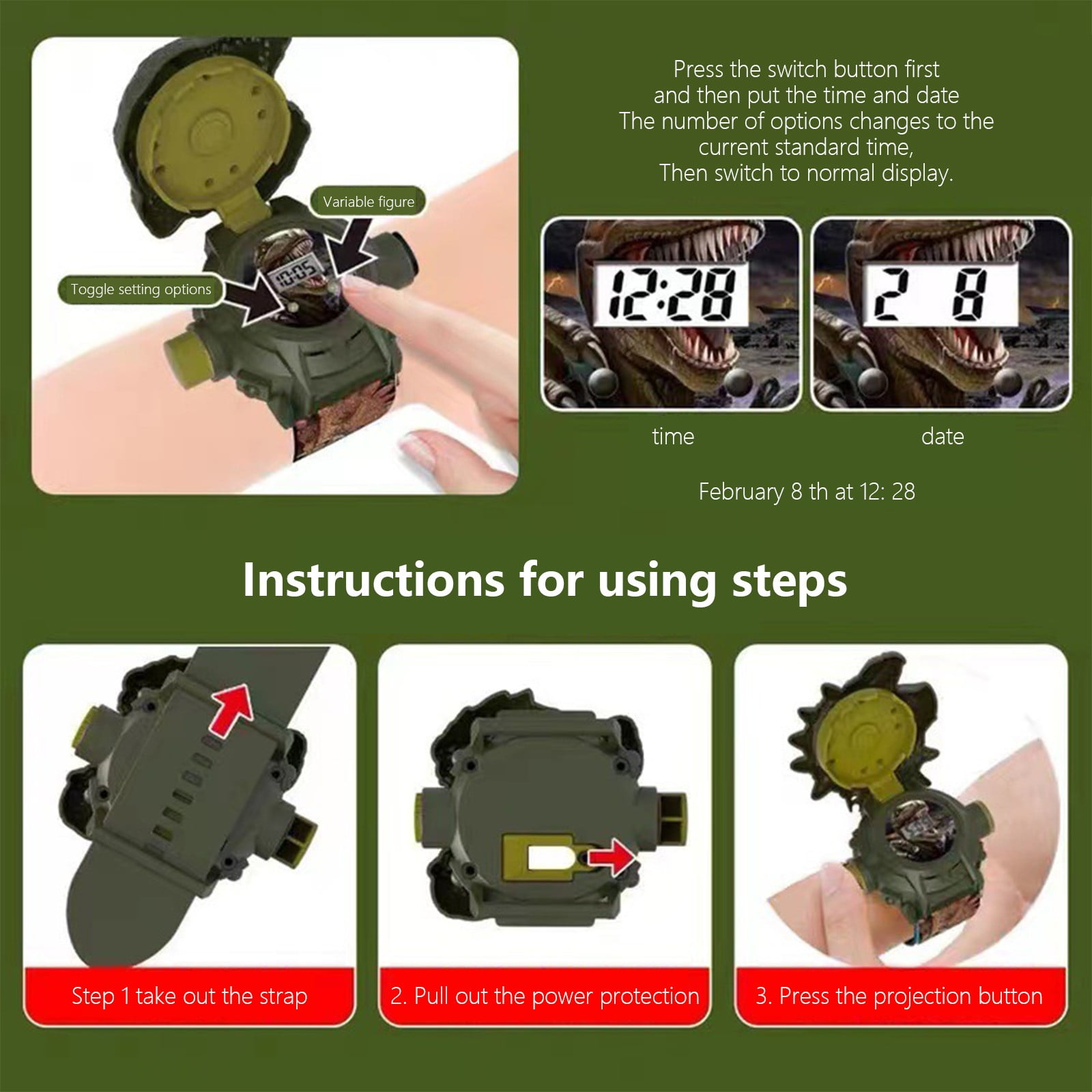 Dinosaur Projection Watch, Kids Light Up Toy Watch, Educational Electronic Timepiece, 24 Animal Image Toy, Toddler Learning Accessory, Kindergarten Gift Watch - Image 5