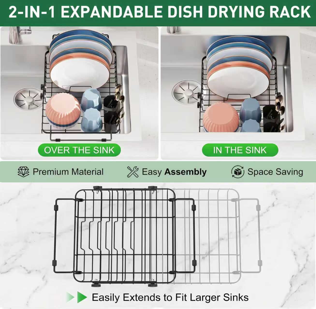 Dish Drying Rack in Sink - Expandable Stainless Steel Dish Rack Over the Sink, Kitchen Sink Drain Strainer with Cutlery Holder, 12"~16.8" L x 8.6" W x 5.7" H, Black - Image 5