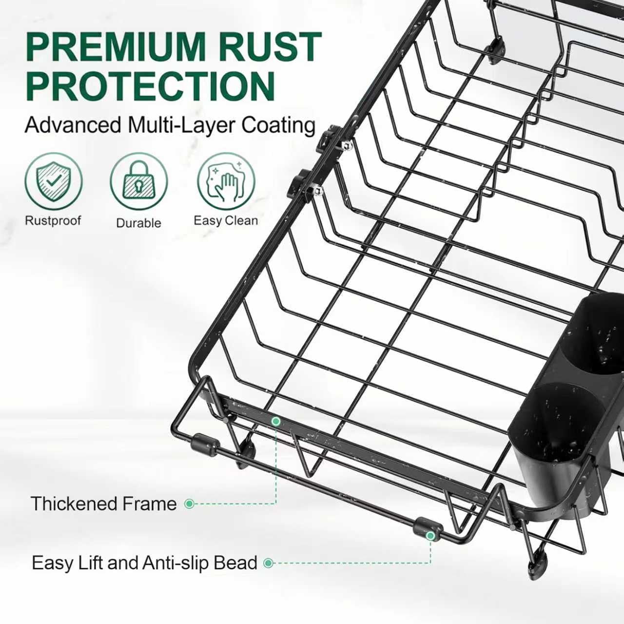 Dish Drying Rack in Sink - Expandable Stainless Steel Dish Rack Over the Sink, Kitchen Sink Drain Strainer with Cutlery Holder, 12"~16.8" L x 8.6" W x 5.7" H, Black - Image 3