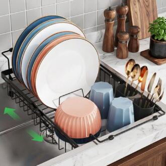 Dish Drying Rack in Sink - Expandable Stainless Steel Dish Rack Over the Sink, Kitchen Sink Drain Strainer with Cutlery Holder, 12"~16.8" L x 8.6" W x 5.7" H, Black