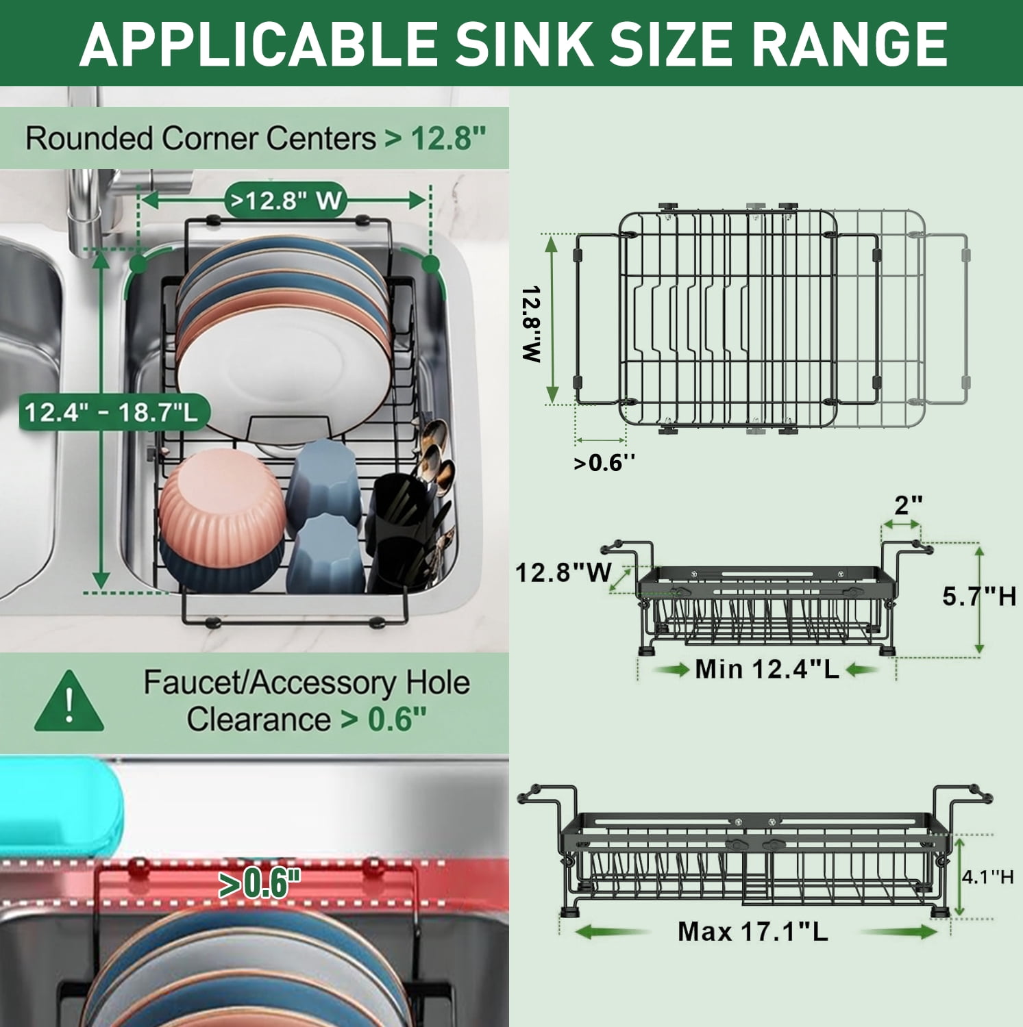 Dish Drying Rack in Sink - Expandable Stainless Steel Dish Rack Over the Sink, Kitchen Sink Drain Strainer with Cutlery Holder, 12"~16.8" L x 8.6" W x 5.7" H, Black - Image 4