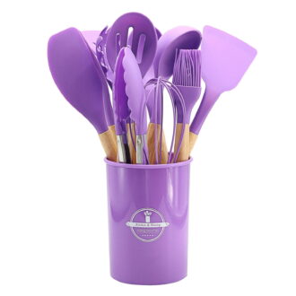 EGYMEN 12Pcs Cooking Kitchen Utensils Set with Holder,Wooden Handles Cooking Tool,BPA Free,Non Toxic Turner Tongs Spatula Spoon Kitchen Gadgets Set for Nonstick Cookware(Purple)