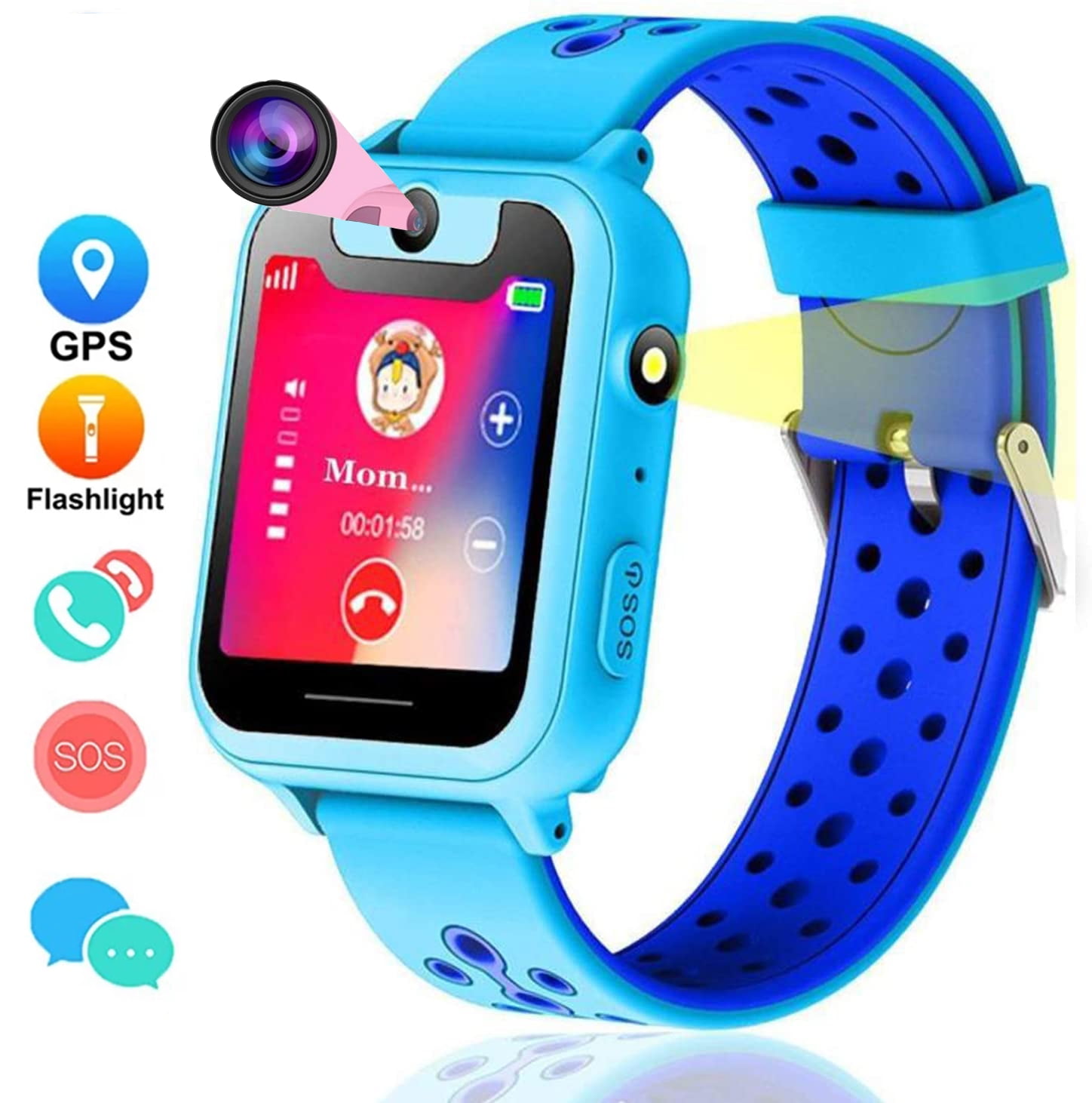 EIMELI Kids GPS Anti-Lost Smart Watch,1.54 inch Touch Screen SOS GPS Location Flashlight with HD Camera Playing Games UI Dial SOS Emergency Alarm Low-Power Alarm Function (Blue)