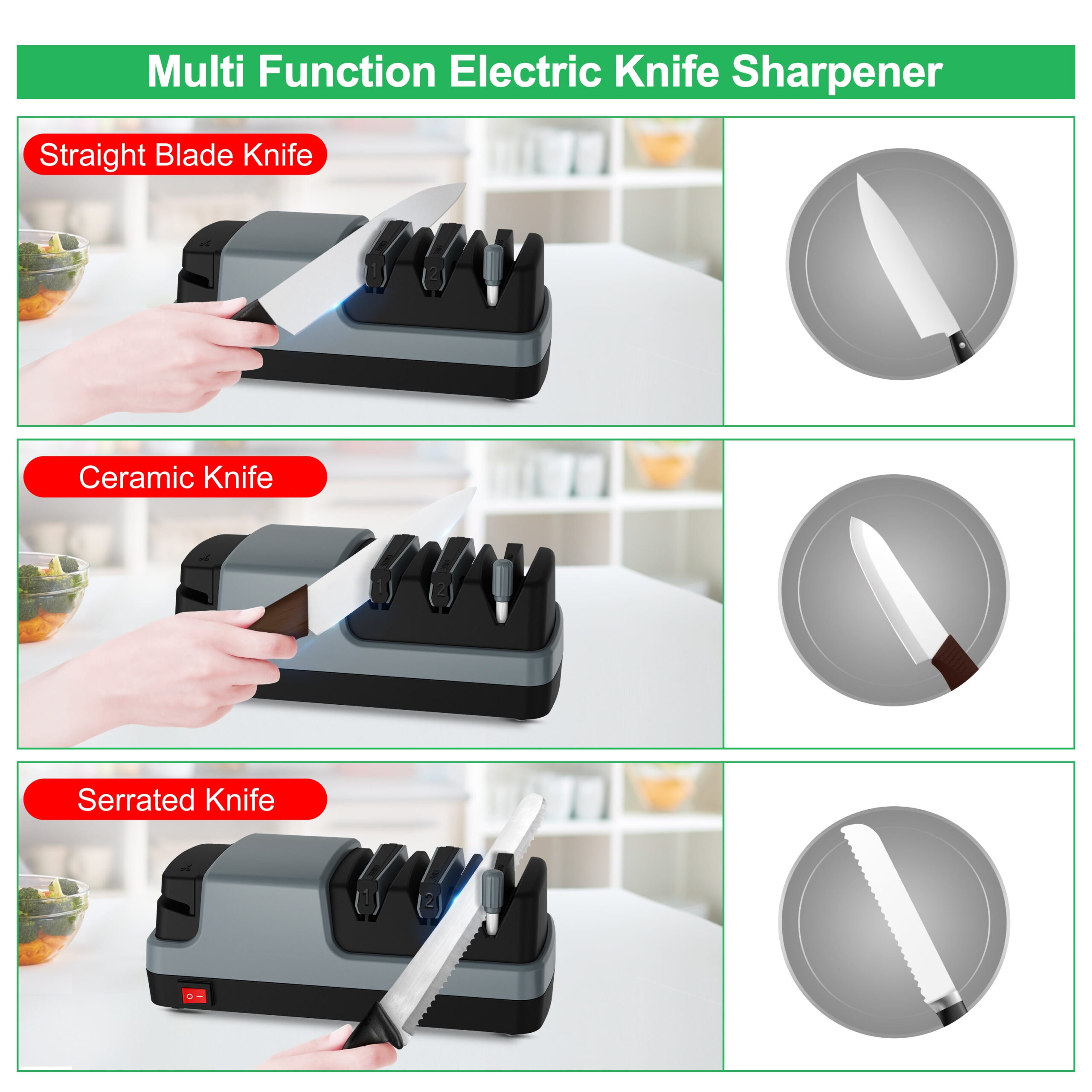 Electric Knife Sharpener- 4 in 1 Electric Knife Sharpeners for Kitchen Knives, Straight Blade Knives & Serrated Knives & Ceramic Knives & Scissors - Image 4