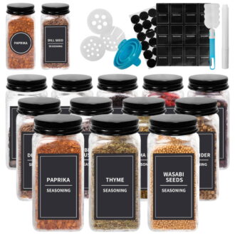 Enroslu 12Pcs 4oz Glass Spice Jars with Shaker Lids, Labels, a Handy Funnel, Empty Spice Containers and Square Spice Bottles for Kitchen and Seasoning