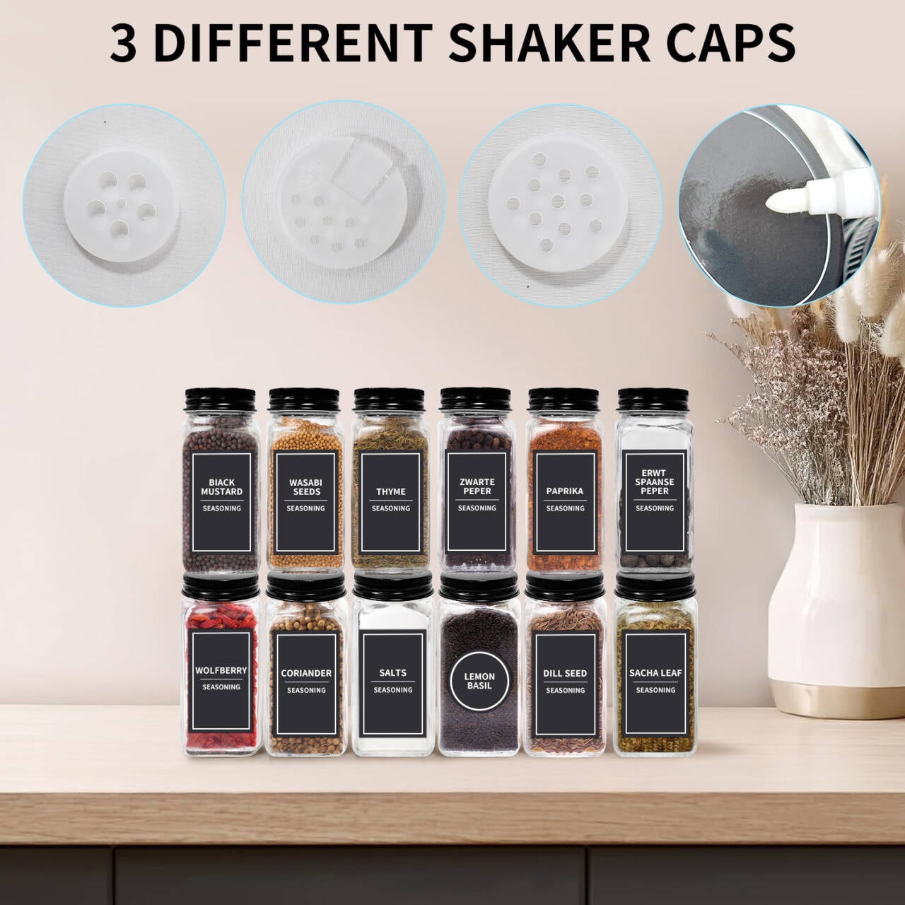 Enroslu 12Pcs 4oz Glass Spice Jars with Shaker Lids, Labels, a Handy Funnel, Empty Spice Containers and Square Spice Bottles for Kitchen and Seasoning - Image 2