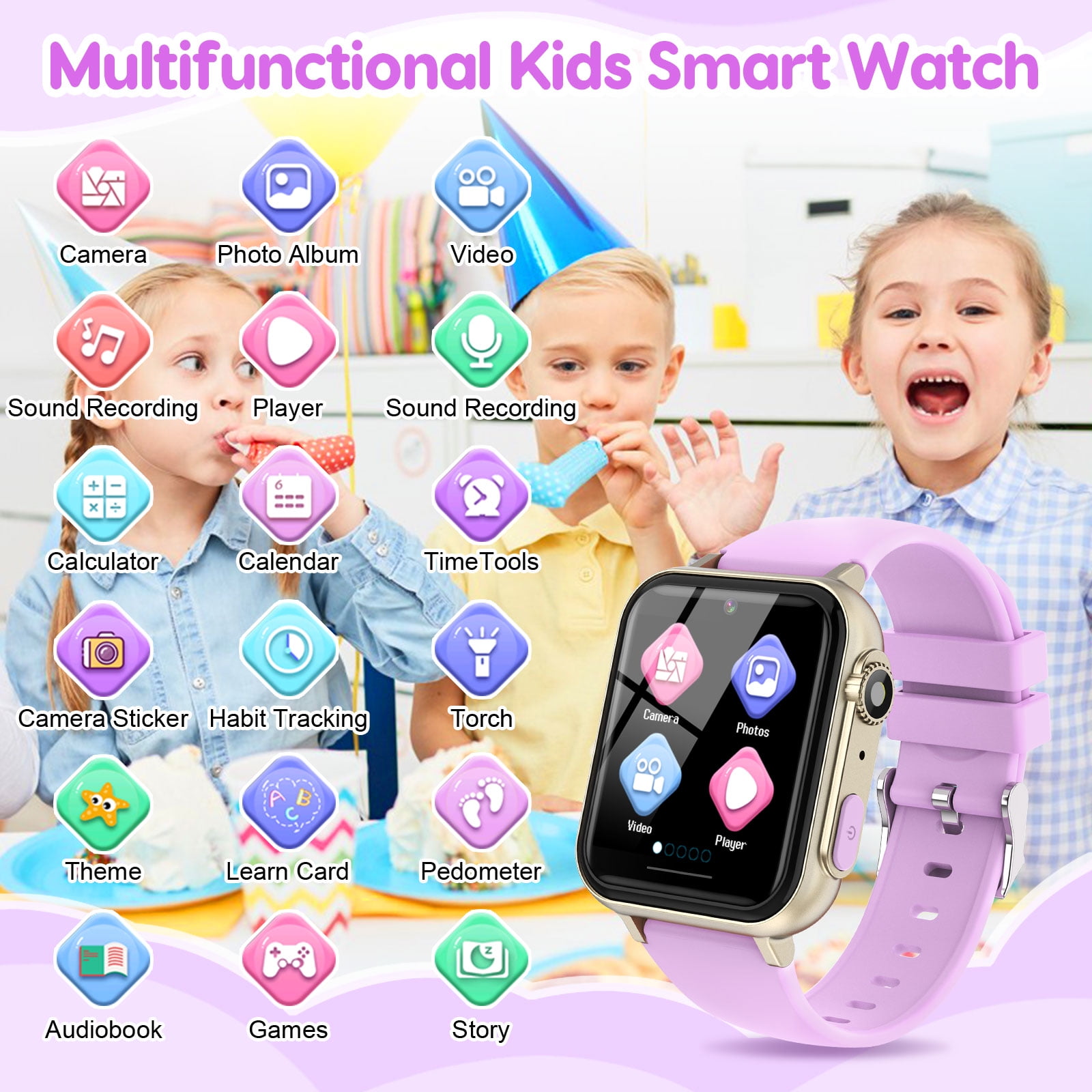 Eurhowing Kids Smart Watch Age 3-12, 31 Games, Learning Cards, HD Touch Screen, Camera, Music, Audiobook, Pedometer, Fun & Educational Birthday Gift Idea, Purple - Image 5