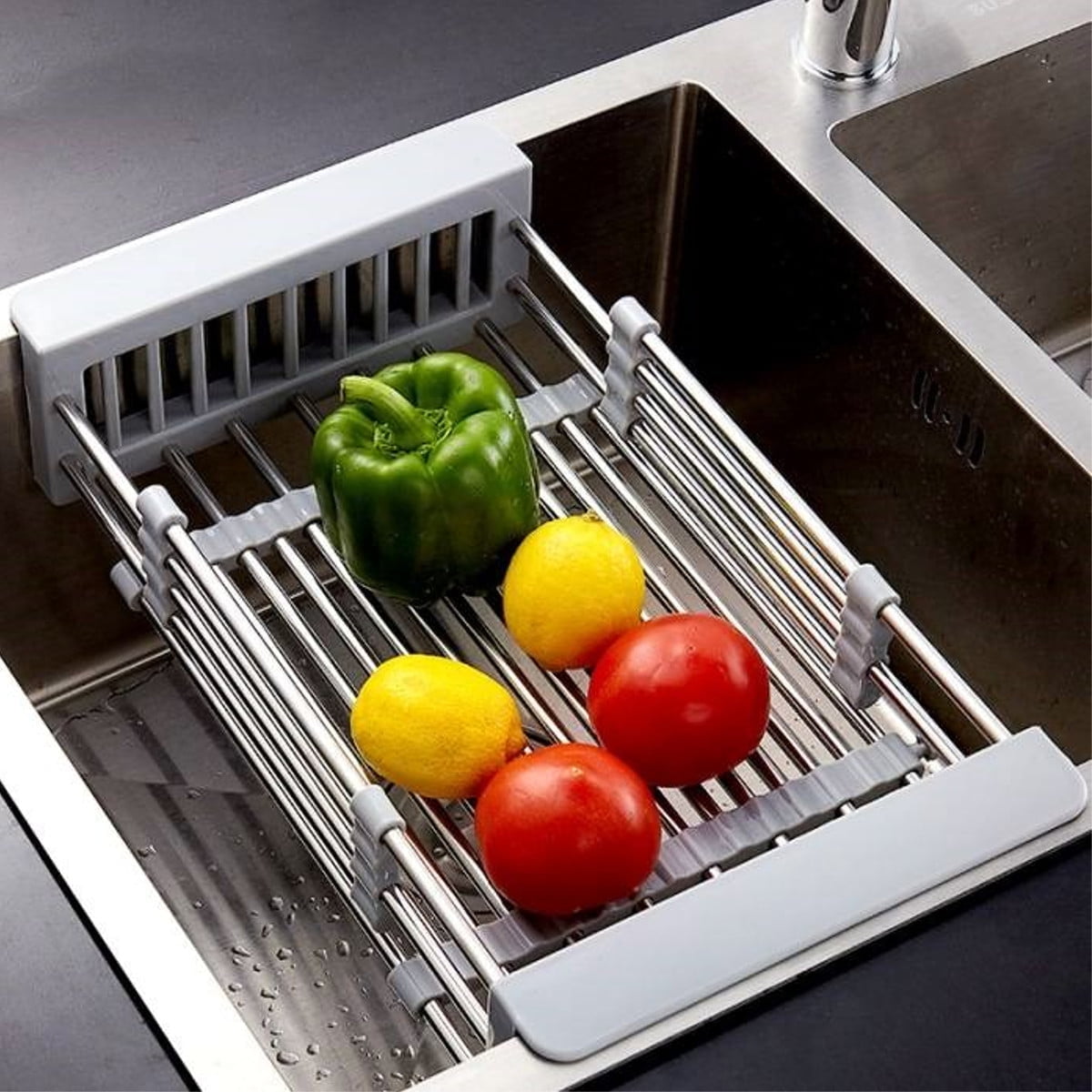 "Expandable Dish Drying Rack Over The Sink Dish Basket Drainer with Telescopic Arms Functional Kitchen Sink Organizer for Vegetable, Fruit and Tableware"