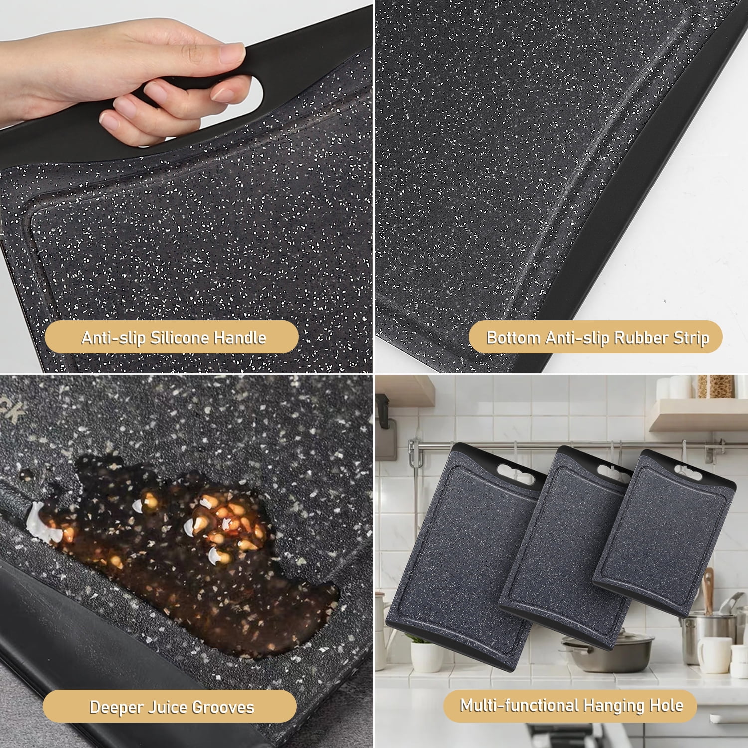 Extra Large Cutting Boards, AOKIWO Plastic Cutting Boards for Kitchen (Set of 3)Meat, Veggies Cutting Board Set Dishwasher Chopping Board with Juice Grooves Easy-Grip Handles, Dark Grey - Image 3