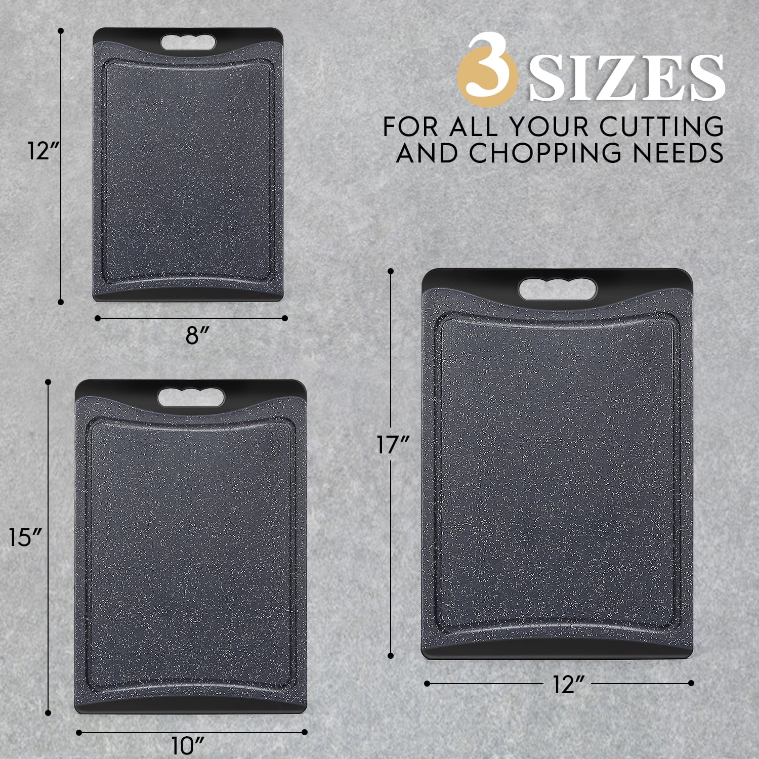 Extra Large Cutting Boards, AOKIWO Plastic Cutting Boards for Kitchen (Set of 3)Meat, Veggies Cutting Board Set Dishwasher Chopping Board with Juice Grooves Easy-Grip Handles, Dark Grey - Image 2