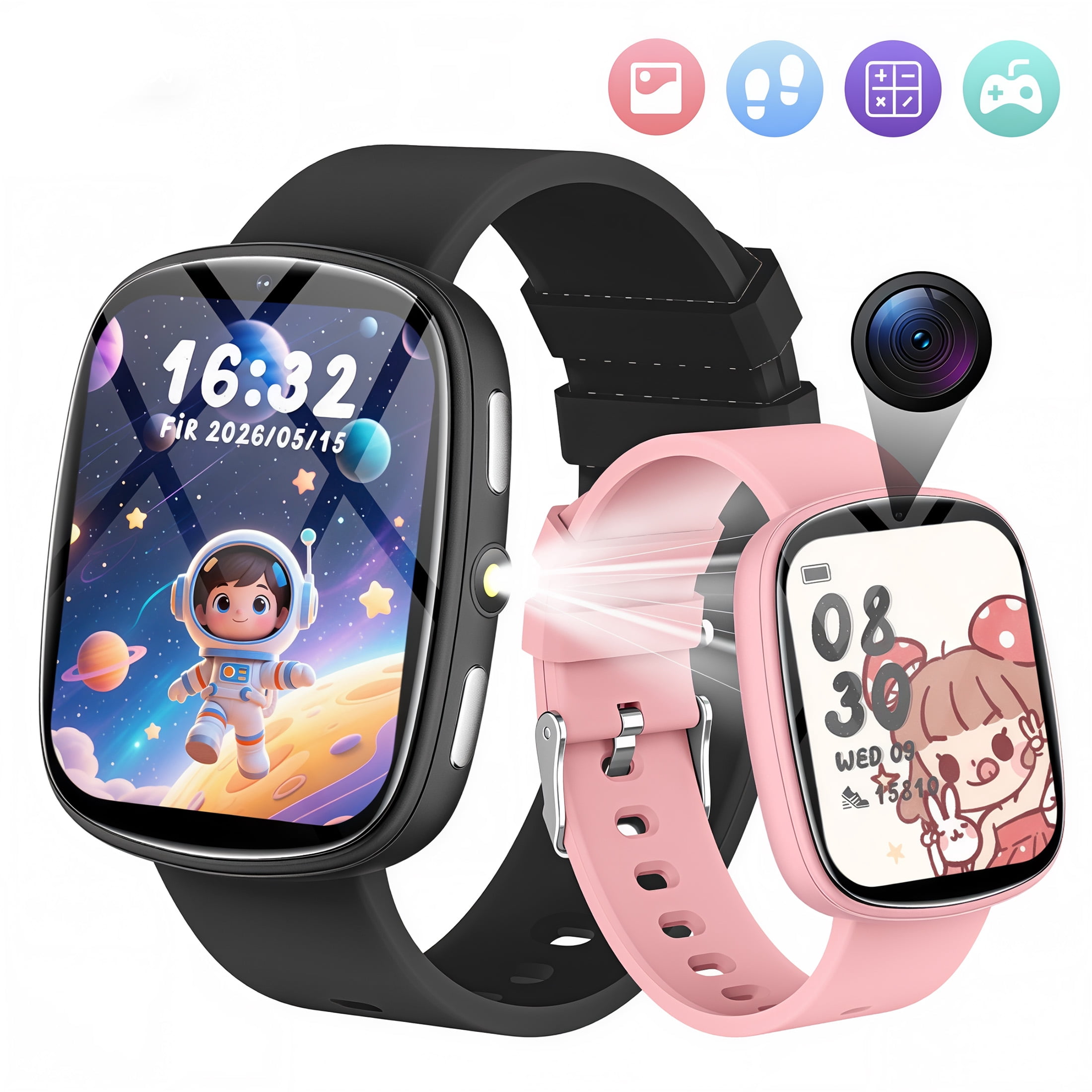 FITORA Games Smart Watch for Kids 1.83''HD Touch Screen Camera 22 Puzzle Games Sleep Tracker Camera Flashlight Children Gift Applies to 4-12 Year Old -Two Sets(Black+Pink)