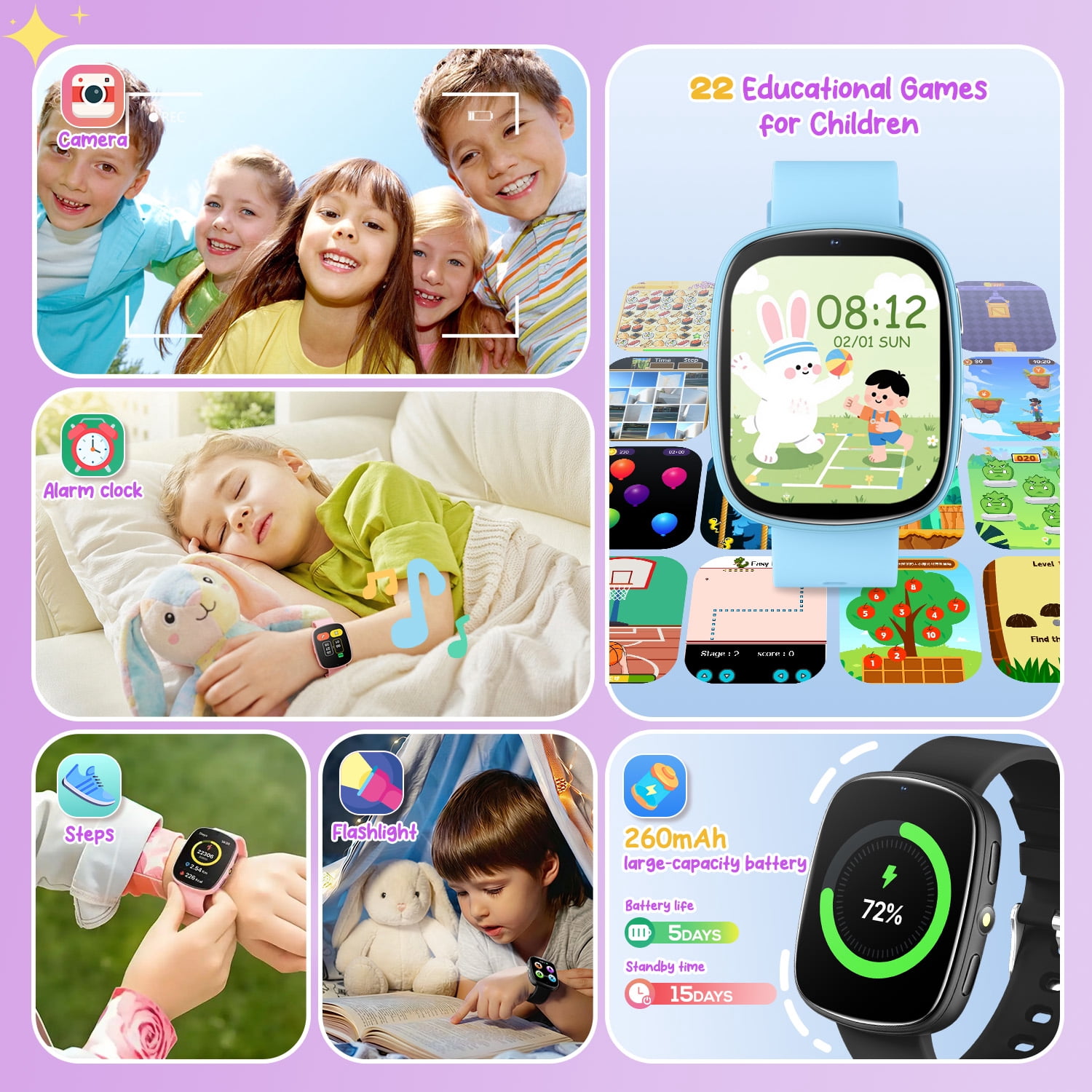 FITORA Games Smart Watch for Kids 1.83''HD Touch Screen Camera 22 Puzzle Games Sleep Tracker Camera Flashlight Children Gift Applies to 4-12 Year Old -Two Sets(Black+Pink) - Image 2
