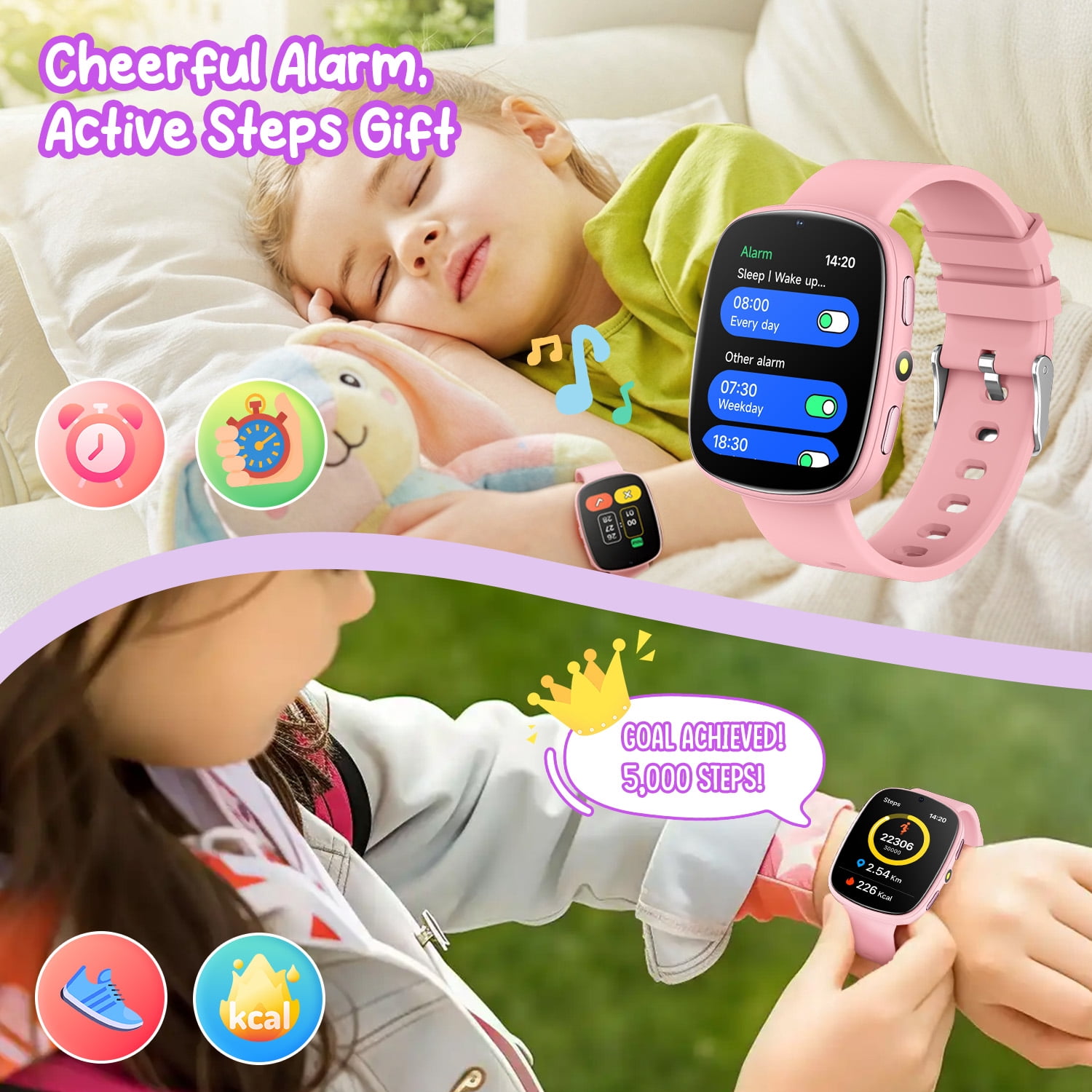 FITORA Games Smart Watch for Kids 1.83''HD Touch Screen Camera 22 Puzzle Games Sleep Tracker Camera Flashlight Children Gift Applies to 4-12 Year Old -Two Sets(Black+Pink) - Image 3