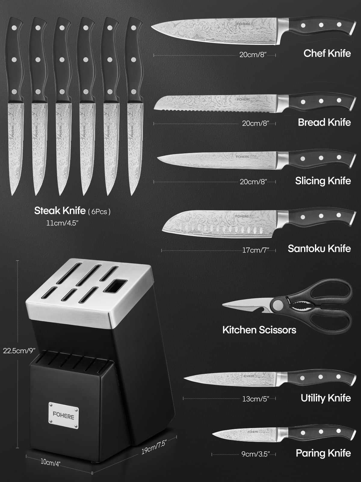 FOHERE 14 Pcs Knife Set with Self-sharpening , Waved Texture Stainless Steel Kitchen Knives, Black - Image 5