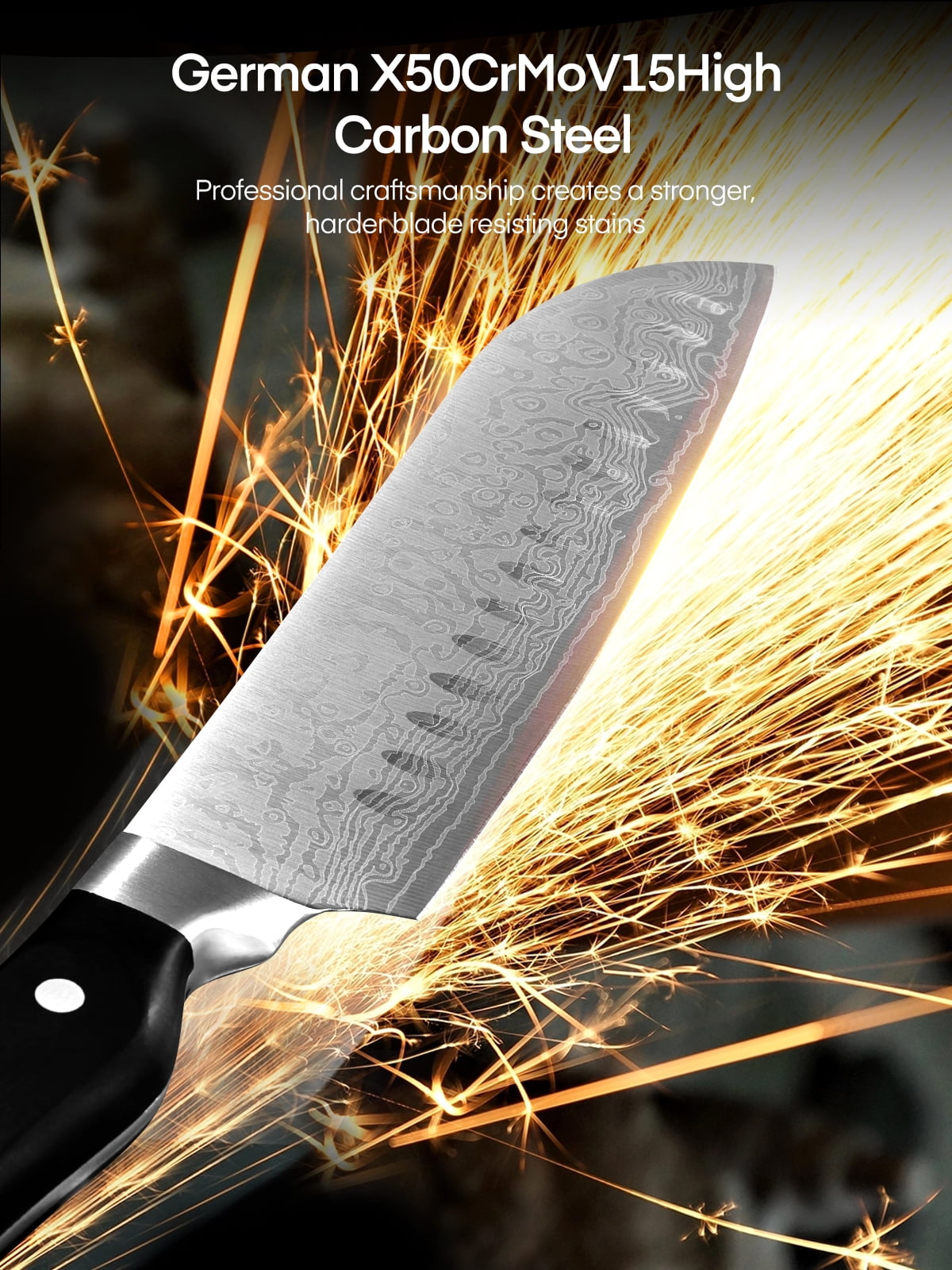 FOHERE 14 Pcs Knife Set with Self-sharpening , Waved Texture Stainless Steel Kitchen Knives, Black - Image 3