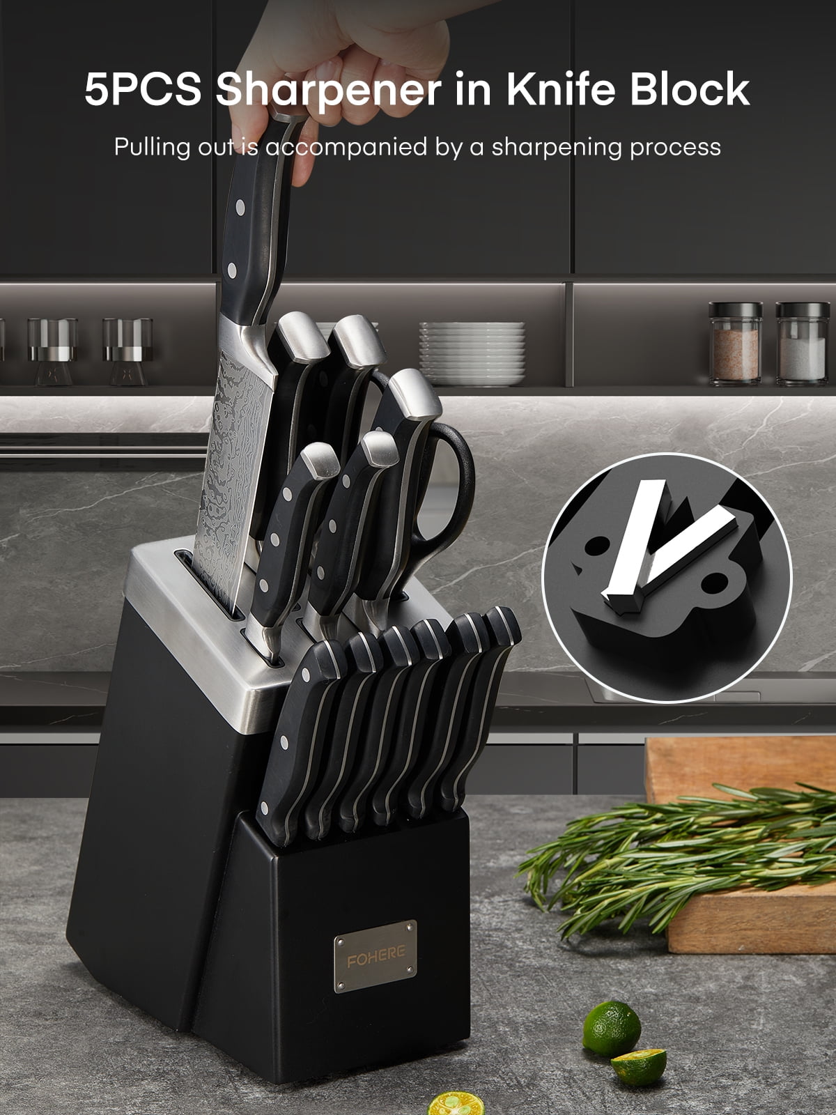 FOHERE 14 Pcs Knife Set with Self-sharpening , Waved Texture Stainless Steel Kitchen Knives, Black - Image 2