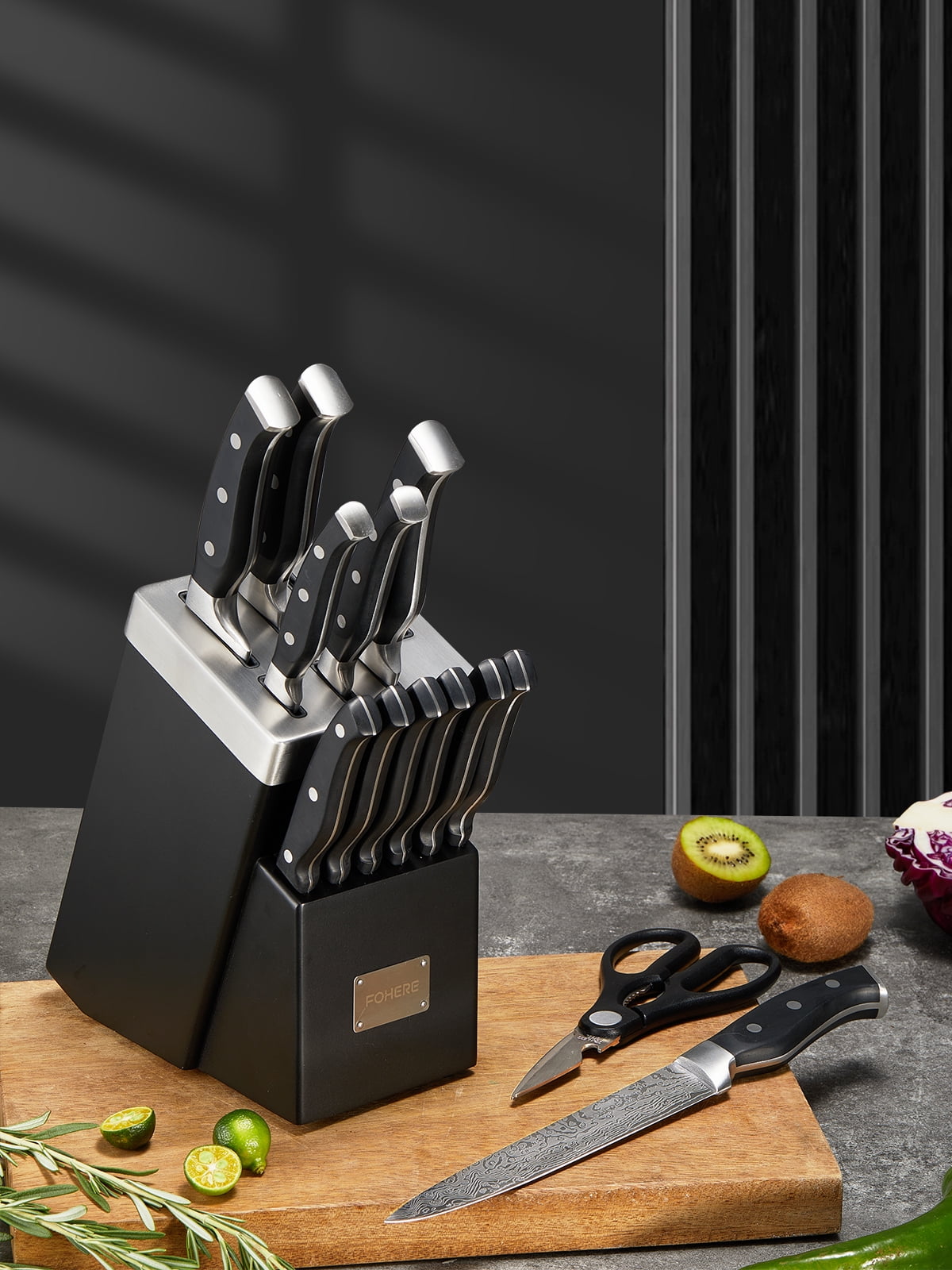 FOHERE 14 Pcs Knife Set with Self-sharpening , Waved Texture Stainless Steel Kitchen Knives, Black - Image 4